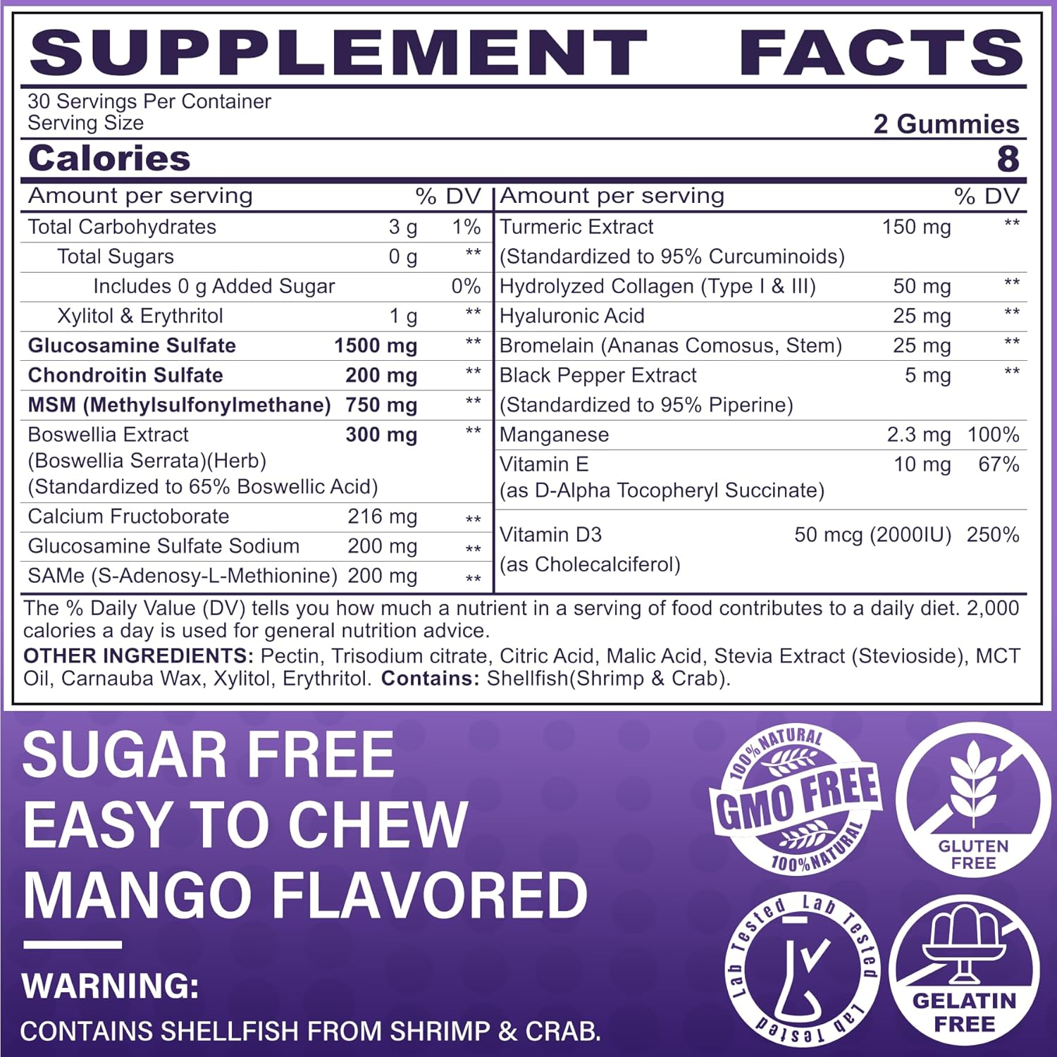 Sugar-Free Glucosamine Chondroitin MSM Gummies with CoQ10 - 120 + 60 Counts