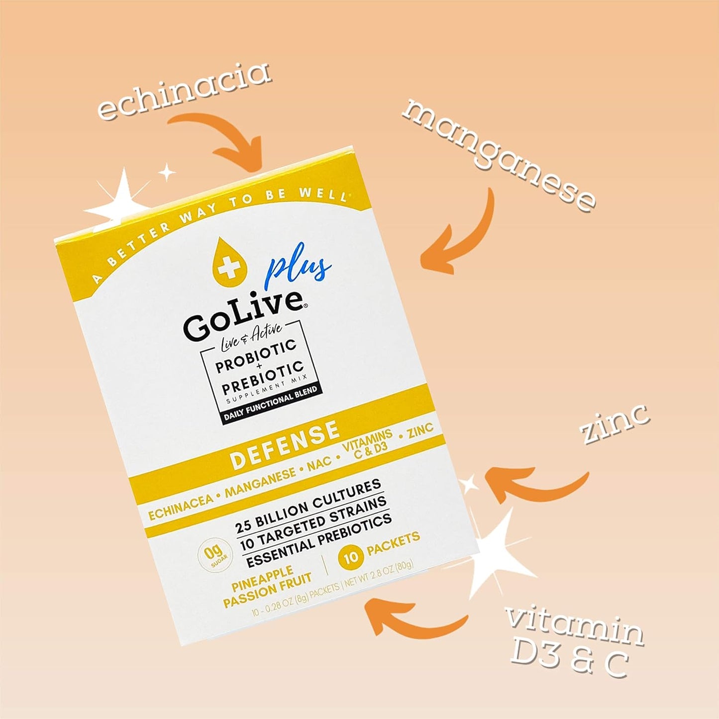 Sugar-Free GoLive Immune Defense Synbiotic: 25 Billion CFUs, 10 Clinical Strains for Digestion, Metabolism, Immunity - Doctor and Dietitian Recommended