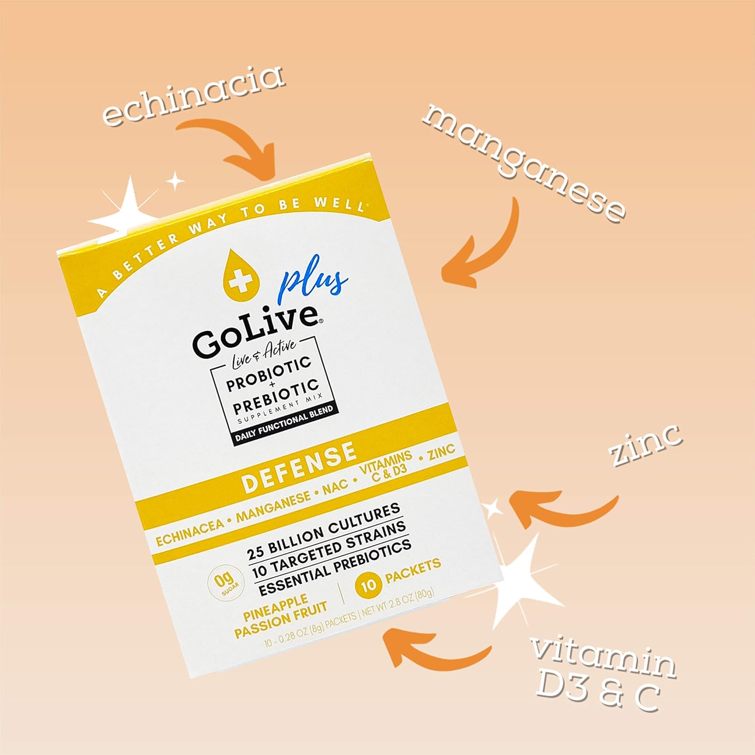 Sugar-Free GoLive Immune Defense Synbiotic: 25 Billion CFUs, 10 Clinical Strains for Digestion, Metabolism, Immunity - Doctor and Dietitian Recommended