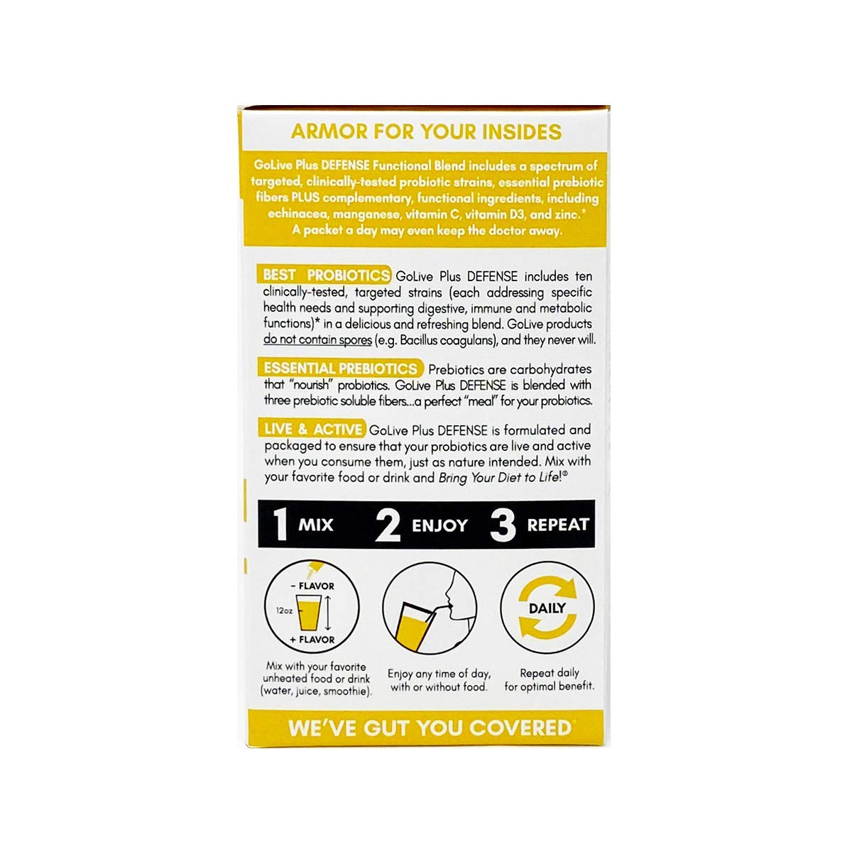 Sugar-Free GoLive Immune Defense Synbiotic: 25 Billion CFUs, 10 Clinical Strains for Digestion, Metabolism, Immunity - Doctor and Dietitian Recommended