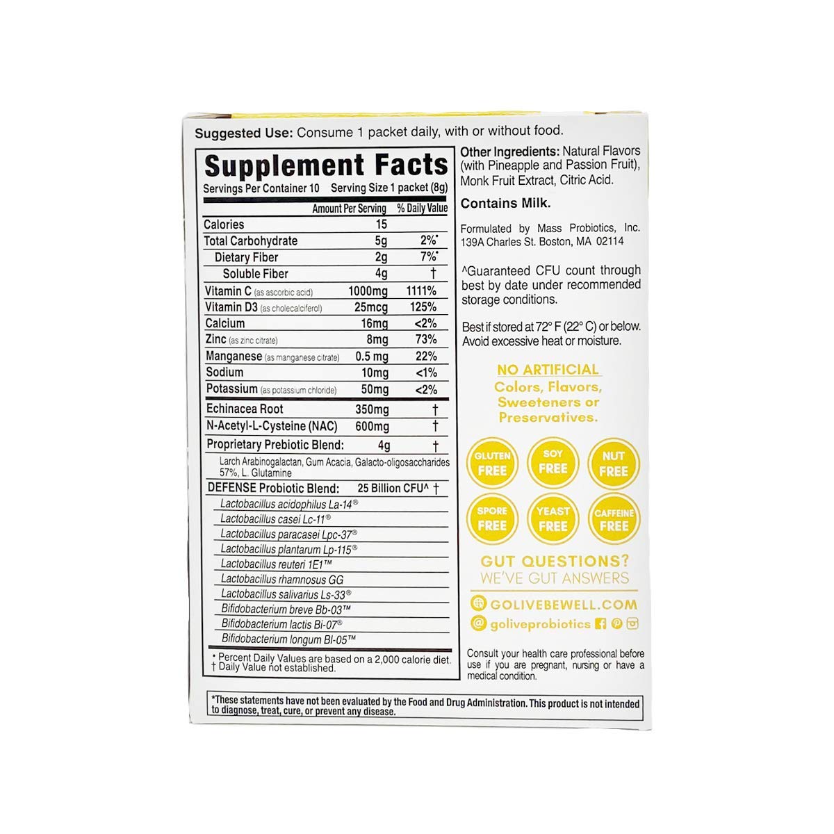 Sugar-Free GoLive Immune Defense Synbiotic: 25 Billion CFUs, 10 Clinical Strains for Digestion, Metabolism, Immunity - Doctor and Dietitian Recommended