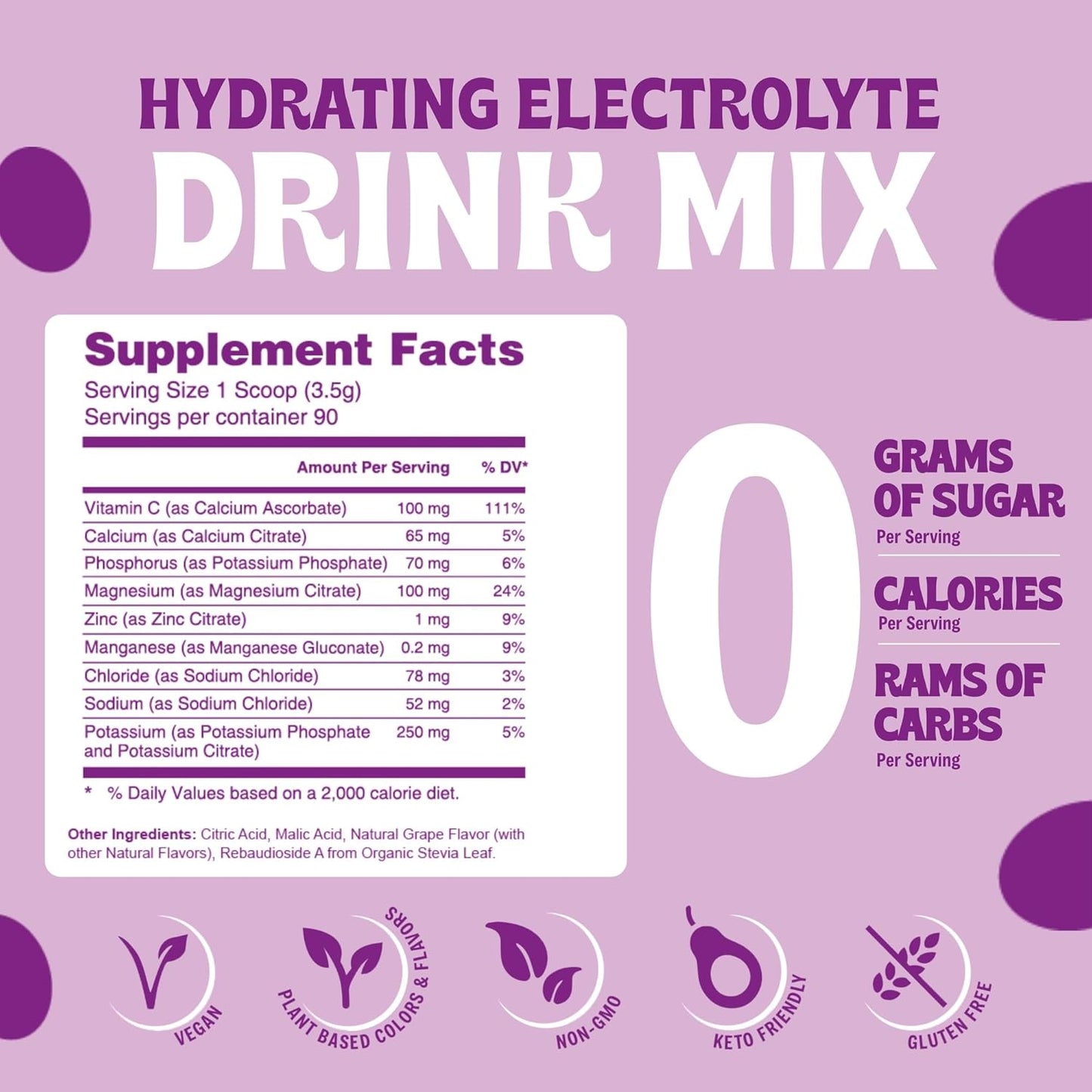 Sugar-Free Grape Electrolyte Powder Mix - 90 Servings, No Calories or Carbs, Keto & Vegan Friendly