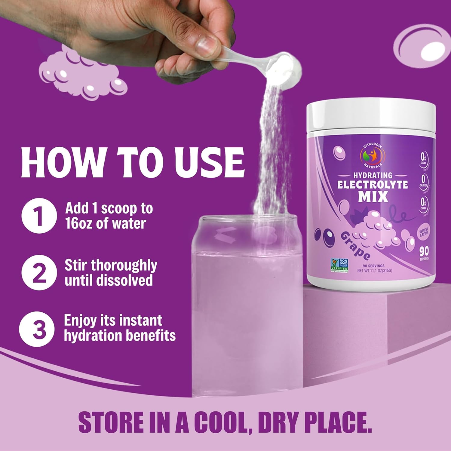 Sugar-Free Grape Electrolyte Powder Mix - 90 Servings, No Calories or Carbs, Keto & Vegan Friendly