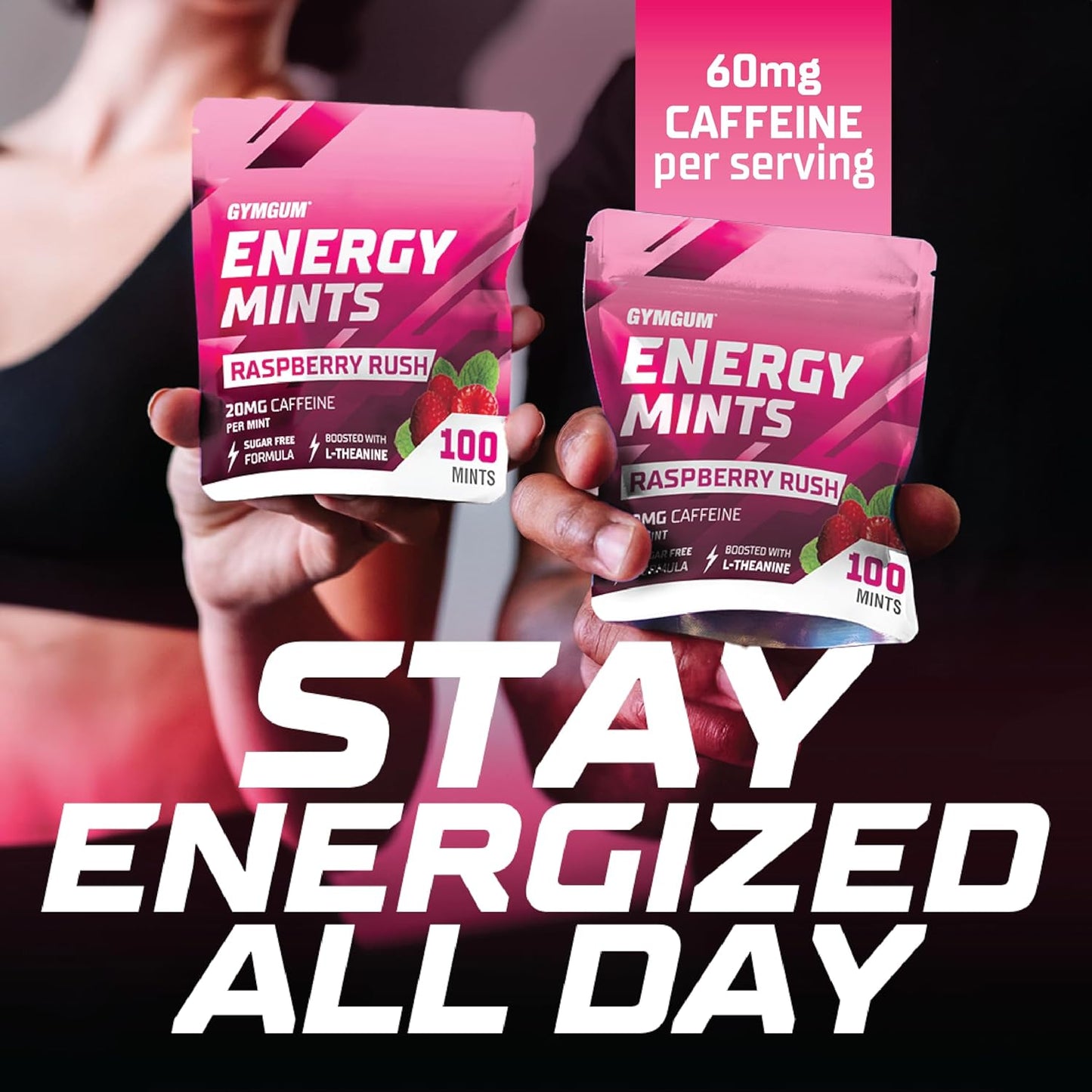 Sugar-Free GYMGUM Energy Mints with Caffeine, L-Theanine, and B Vitamins - Raspberry Rush Flavor, 100 Count