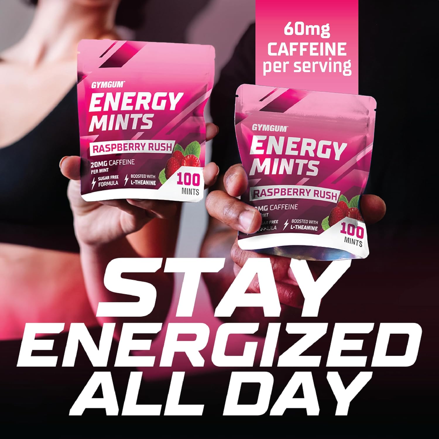Sugar-Free GYMGUM Energy Mints with Caffeine, L-Theanine, and B Vitamins - Raspberry Rush Flavor, 100 Count
