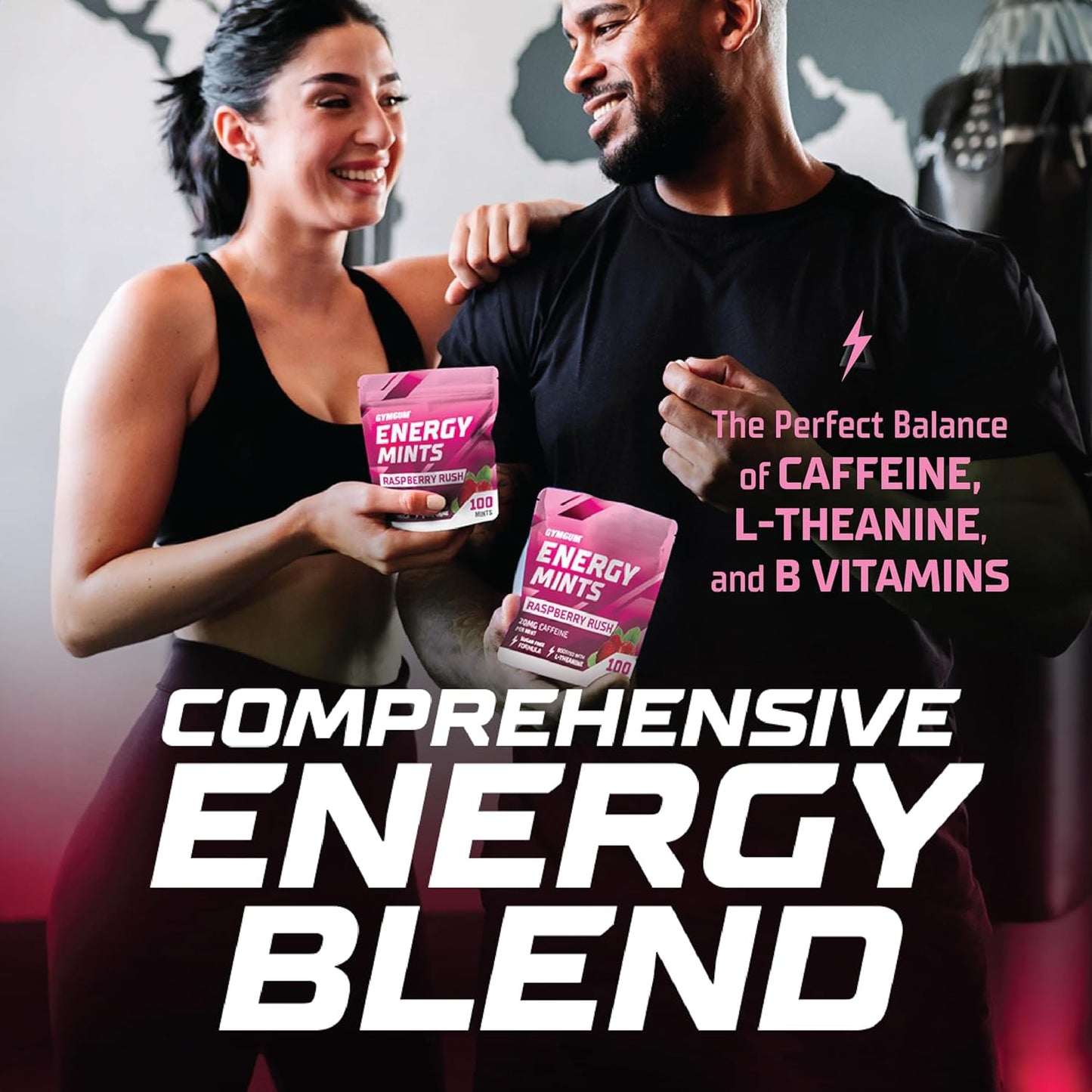 Sugar-Free GYMGUM Energy Mints with Caffeine, L-Theanine, and B Vitamins - Raspberry Rush Flavor, 100 Count