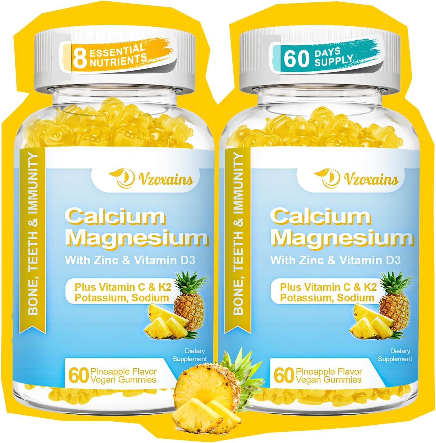 Sugar-Free High Absorption Calcium Gummies with Potassium, Vitamin D3 for Bone Strength - Vegan Pineapple Flavor, 120 Count