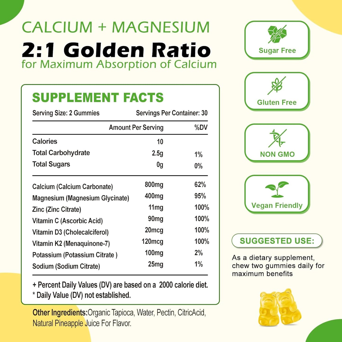 Sugar-Free High Absorption Calcium Gummies with Potassium, Vitamin D3 for Bone Strength - Vegan Pineapple Flavor, 120 Count