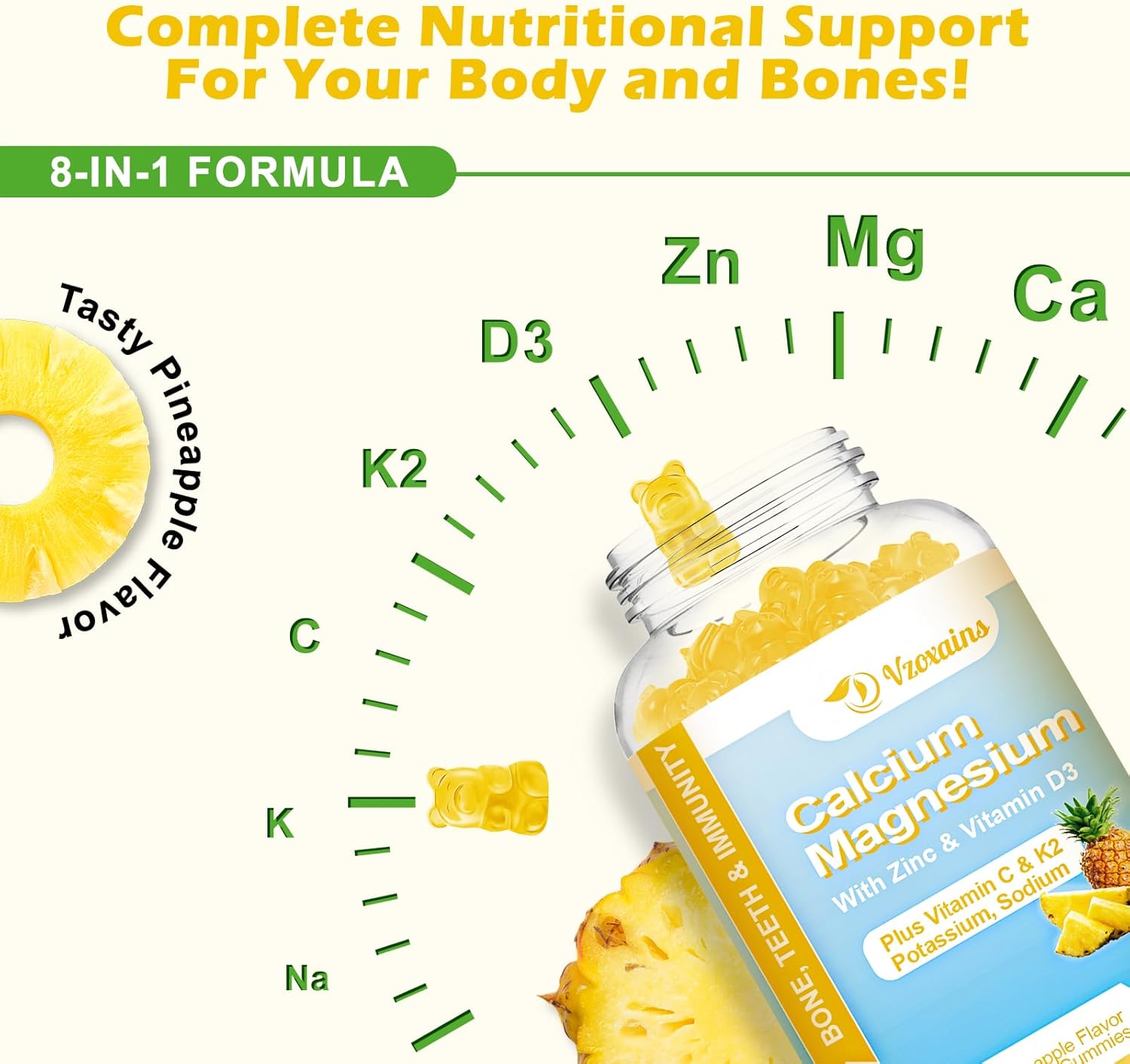 Sugar-Free High Absorption Calcium Gummies with Potassium, Vitamin D3 for Bone Strength - Vegan Pineapple Flavor, 120 Count