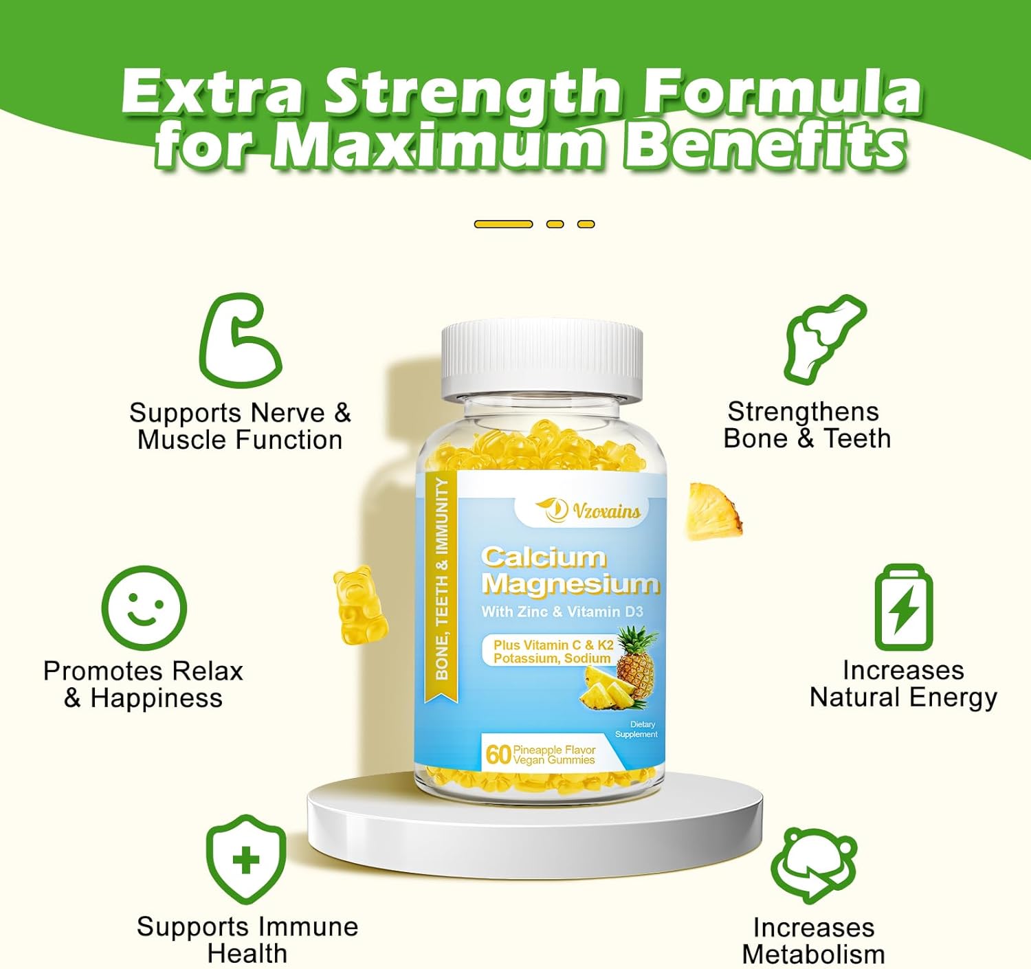 Sugar-Free High Absorption Calcium Gummies with Potassium, Vitamin D3 for Bone Strength - Vegan Pineapple Flavor, 120 Count