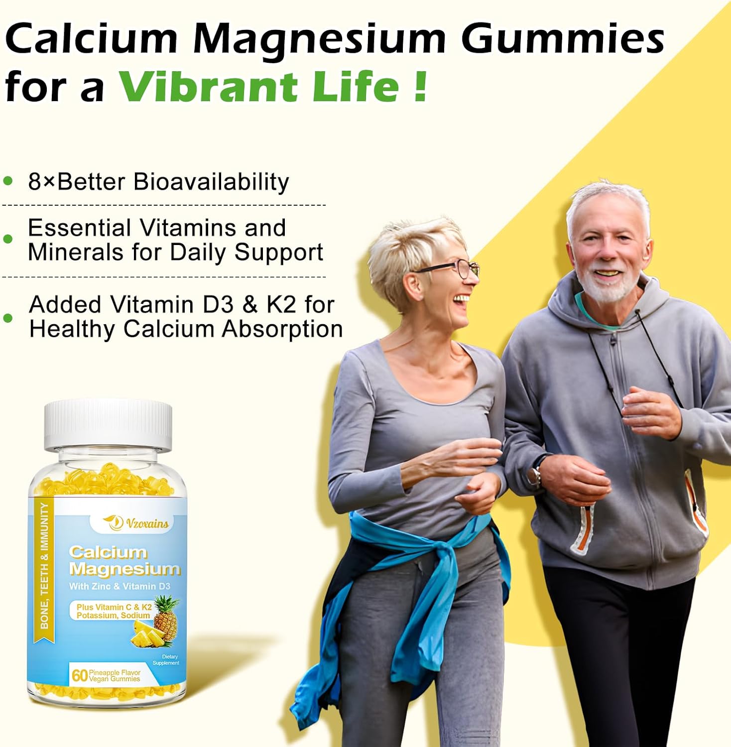 Sugar-Free High Absorption Calcium Gummies with Potassium, Vitamin D3 for Bone Strength - Vegan Pineapple Flavor, 120 Count