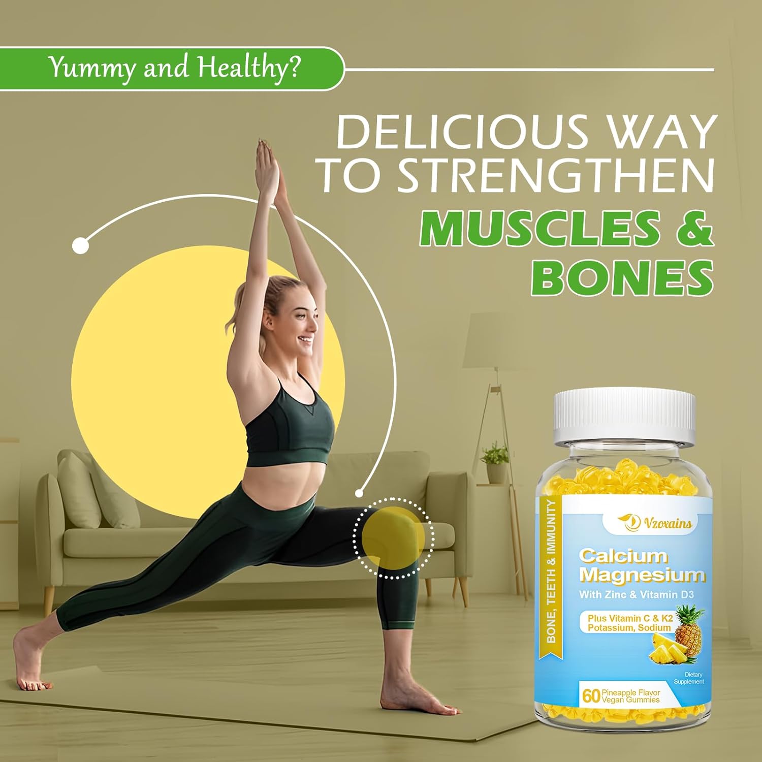 Sugar-Free High Absorption Calcium Gummies with Potassium, Vitamin D3 for Bone Strength - Vegan Pineapple Flavor, 120 Count