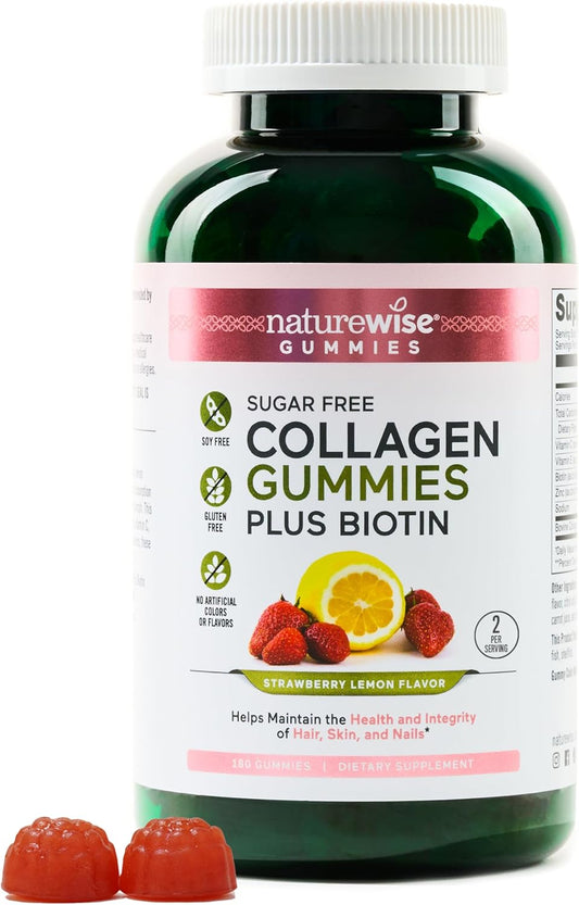 Sugar-Free Hydrolyzed Collagen Gummies for Women with Type I & III Peptides, Biotin, Vitamin C, E, Zinc - Hair, Skin, Nails & Joint Support - 180 Count - 3-Month Supply by NatureWise