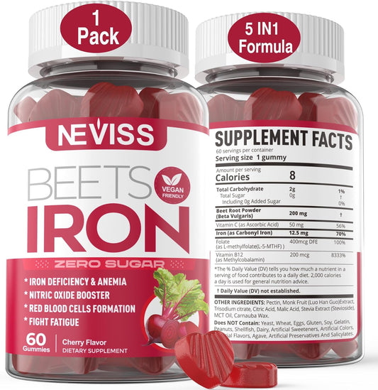 Sugar-Free Iron Gummies with Beet Root, Vitamin C, B12, and Folate - Gentle Iron Supplement for Energy Support, Anemia, and Iron Deficiency - Vegan-Friendly - Non-Constipating - 1 Pack