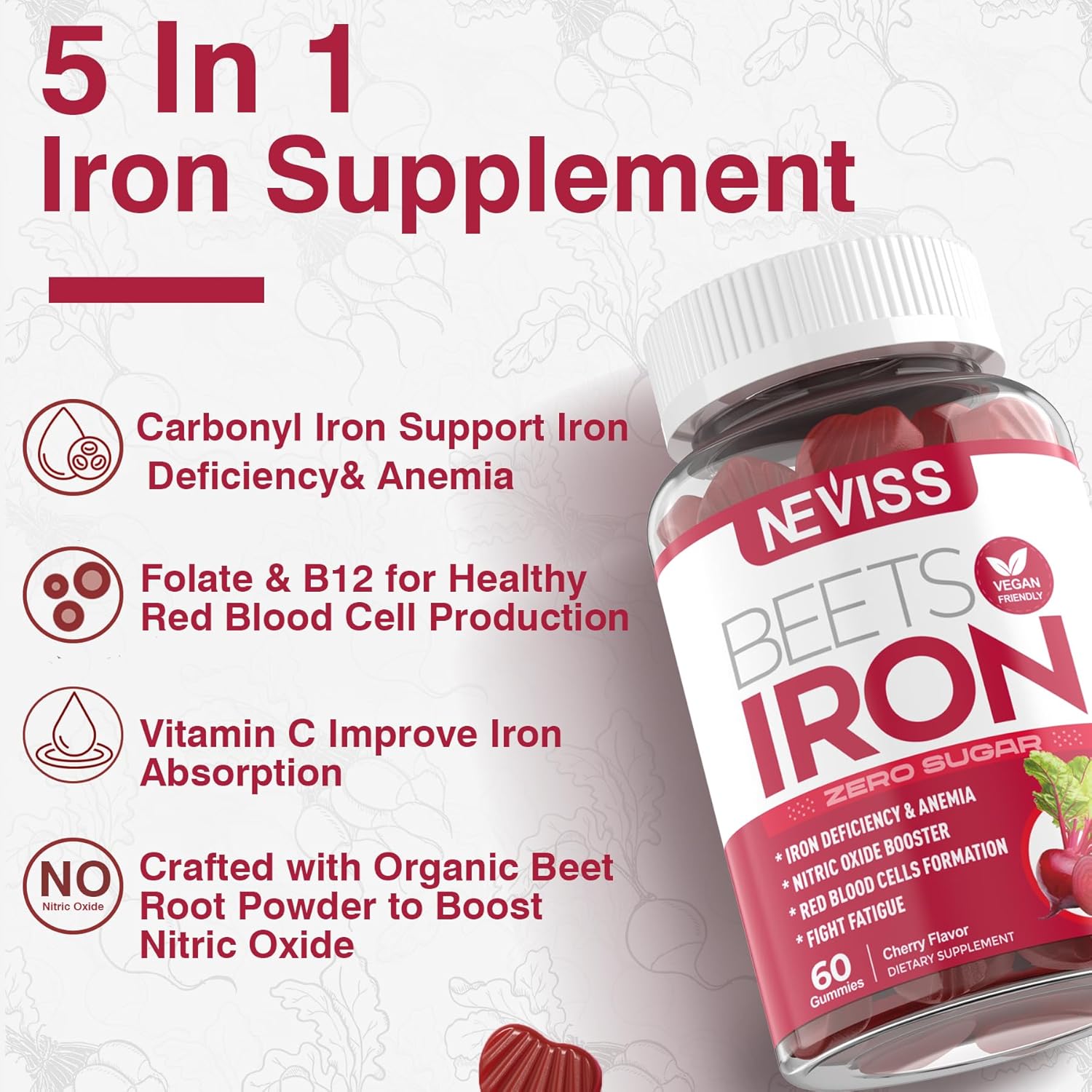 Sugar Free Iron Gummies with Vitamin B100 Complex for Energy and Immune Support