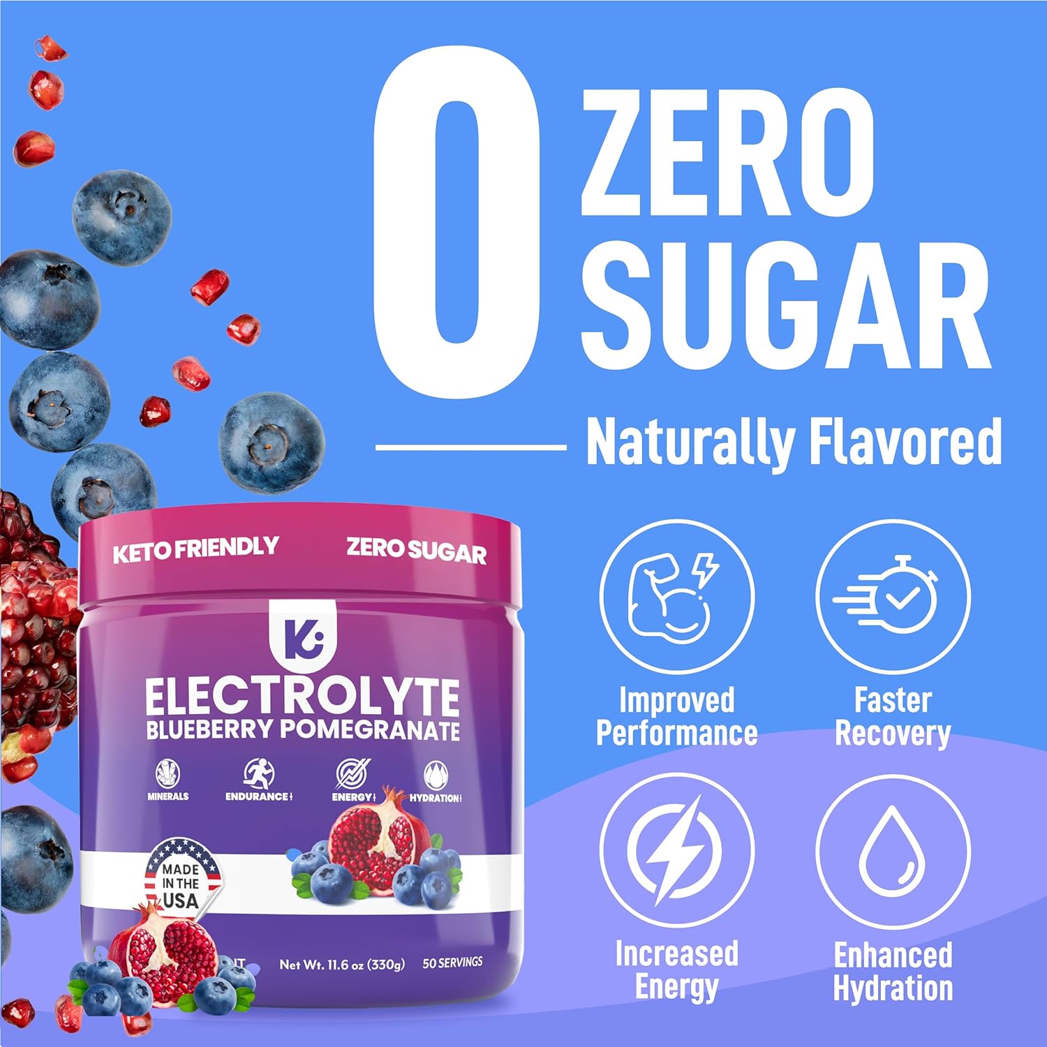 Sugar-Free Keppi Keto Electrolytes Powder for Advanced Hydration & Recovery - Blueberry Pomegranate Flavor - Made in USA - Easy Mixing