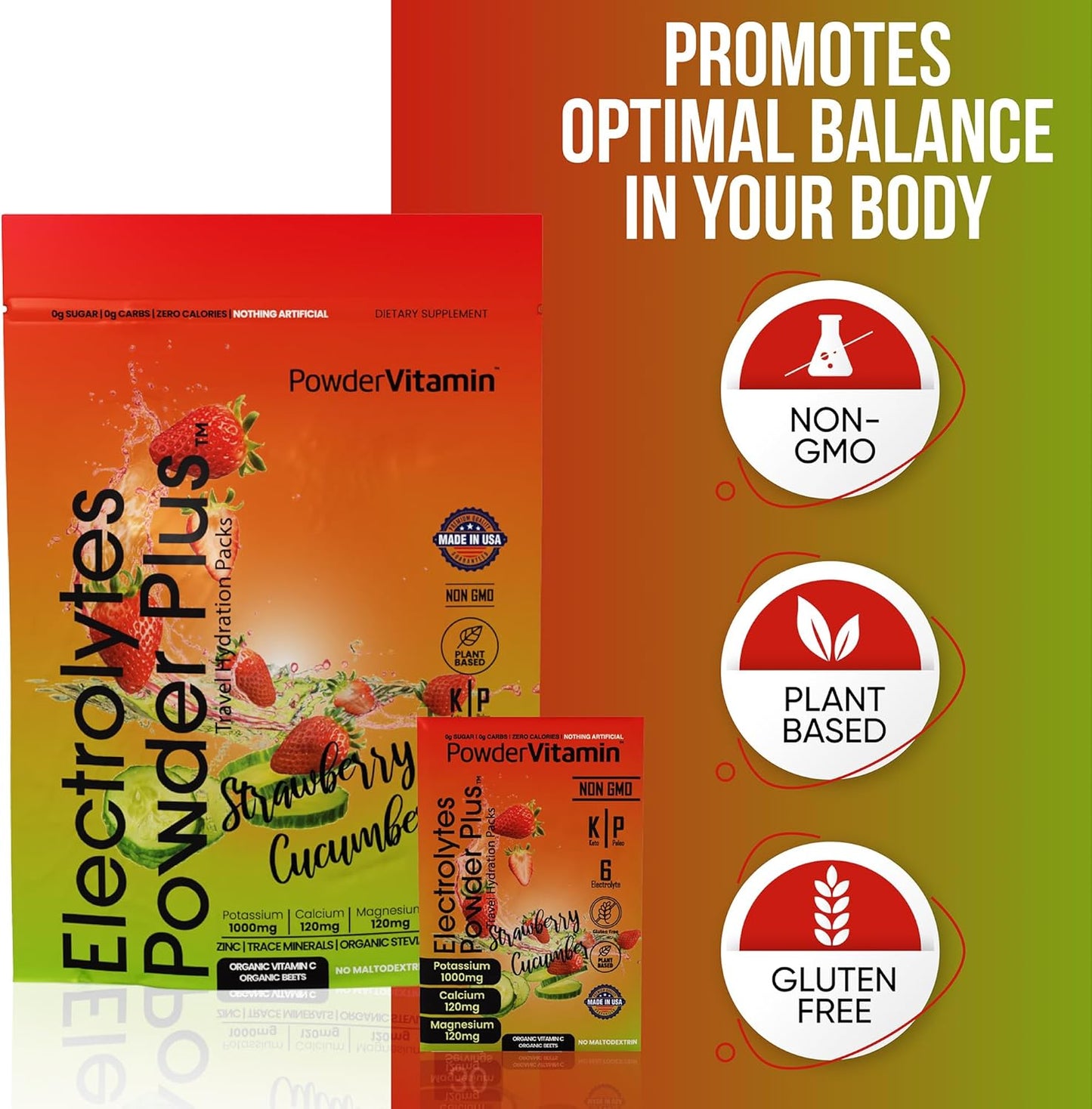 Sugar-Free Keto Electrolyte Powder with Vitamin C, Potassium, Calcium, and Magnesium - Strawberry Cucumber Flavor - Non-GMO Hydration Packets (30 Count)