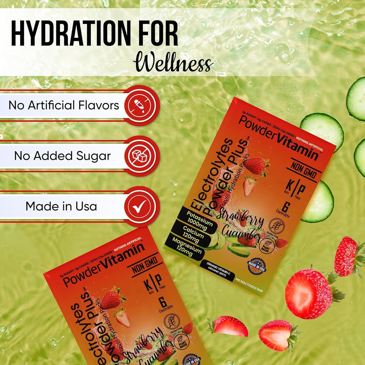 Sugar-Free Keto Electrolyte Powder with Vitamin C, Potassium, Calcium, and Magnesium - Strawberry Cucumber Flavor - Non-GMO Hydration Packets (30 Count)