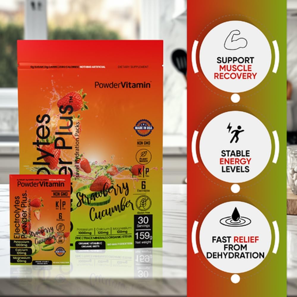 Sugar-Free Keto Electrolyte Powder with Vitamin C, Potassium, Calcium, and Magnesium - Strawberry Cucumber Flavor - Non-GMO Hydration Packets (30 Count)