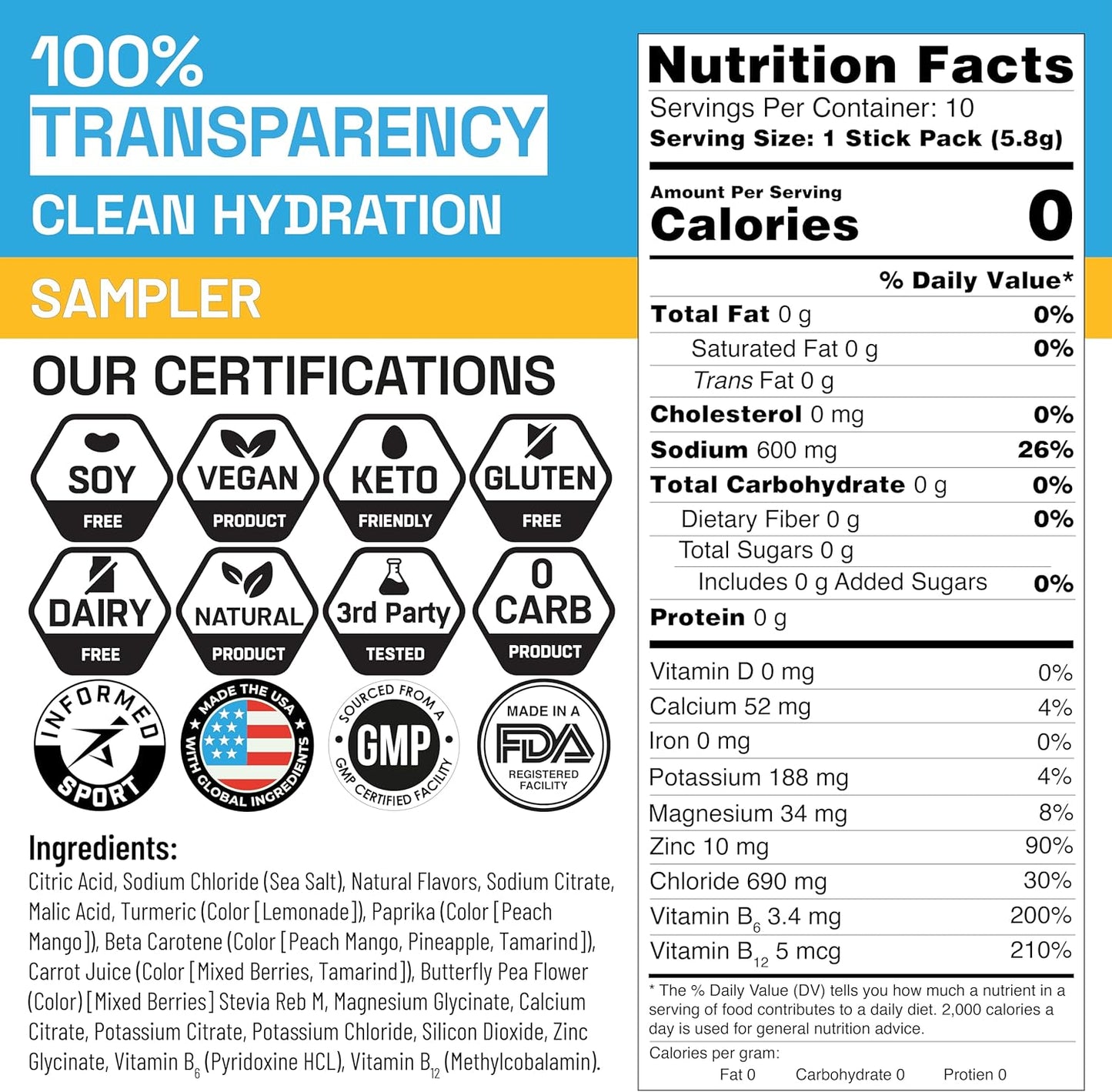 Sugar-Free Keto Electrolytes Sampler Pack - Single-Serving Powder Packets for Hydration, Vegan, Organic, Non-GMO, Gluten-Free - 10 CT