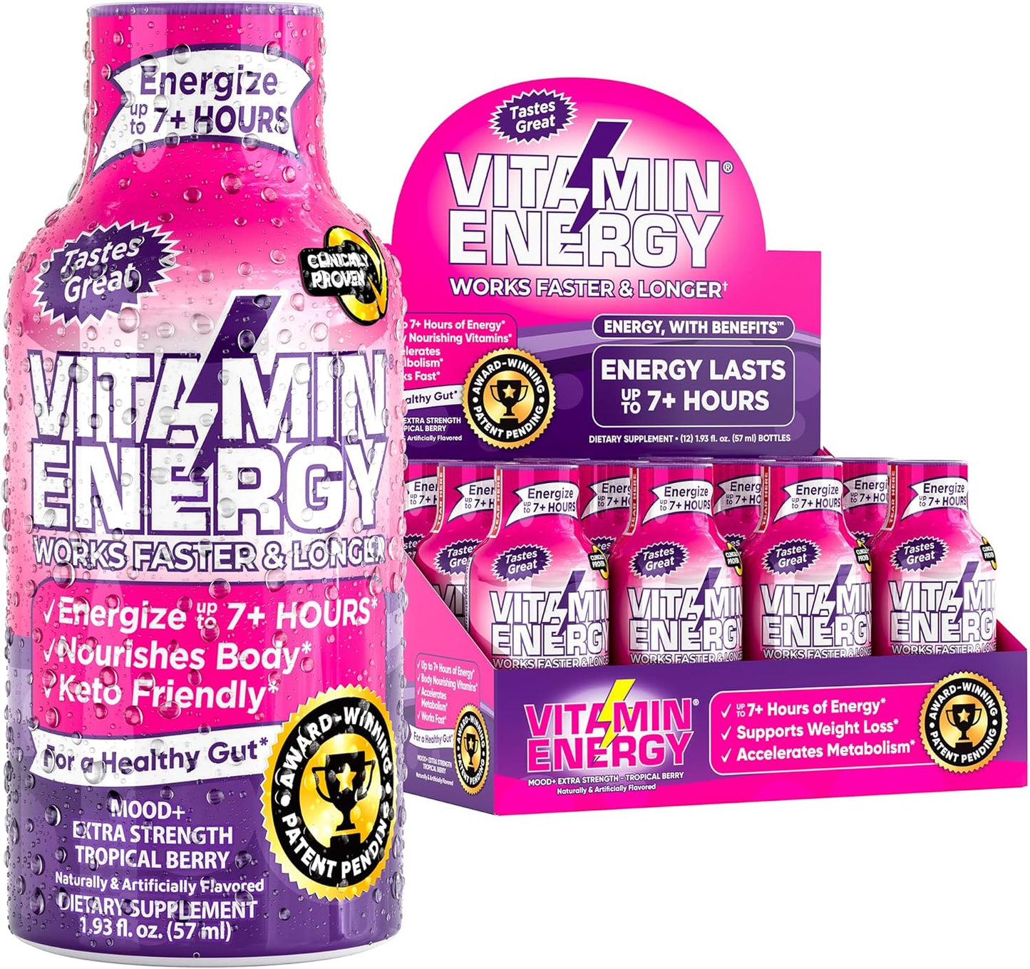 Sugar-Free Keto/Vegan Energy Shots with Rhodiola and Chamomile for 7+ Hours of Balanced Mood and Energy - Tropical Berry Flavor - 1.93 Fl Oz (Pack of 12)