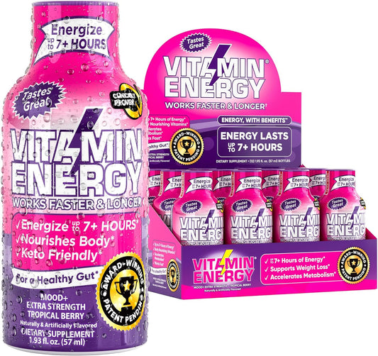 Sugar-Free Keto/Vegan Energy Shots with Rhodiola and Chamomile for 7+ Hours of Balanced Mood and Energy - Tropical Berry Flavor - 1.93 Fl Oz (Pack of 12)