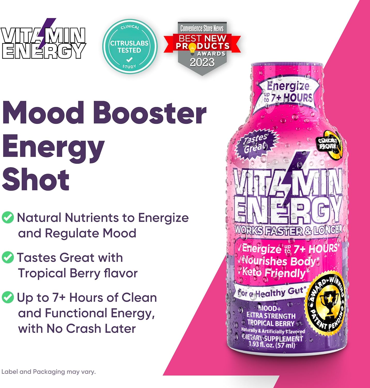 Sugar-Free Keto/Vegan Energy Shots with Rhodiola and Chamomile for 7+ Hours of Balanced Mood and Energy - Tropical Berry Flavor - 1.93 Fl Oz (Pack of 12)