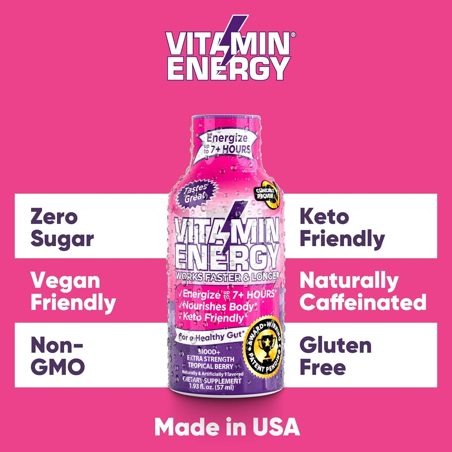 Sugar-Free Keto/Vegan Energy Shots with Rhodiola and Chamomile for 7+ Hours of Balanced Mood and Energy - Tropical Berry Flavor - 1.93 Fl Oz (Pack of 12)