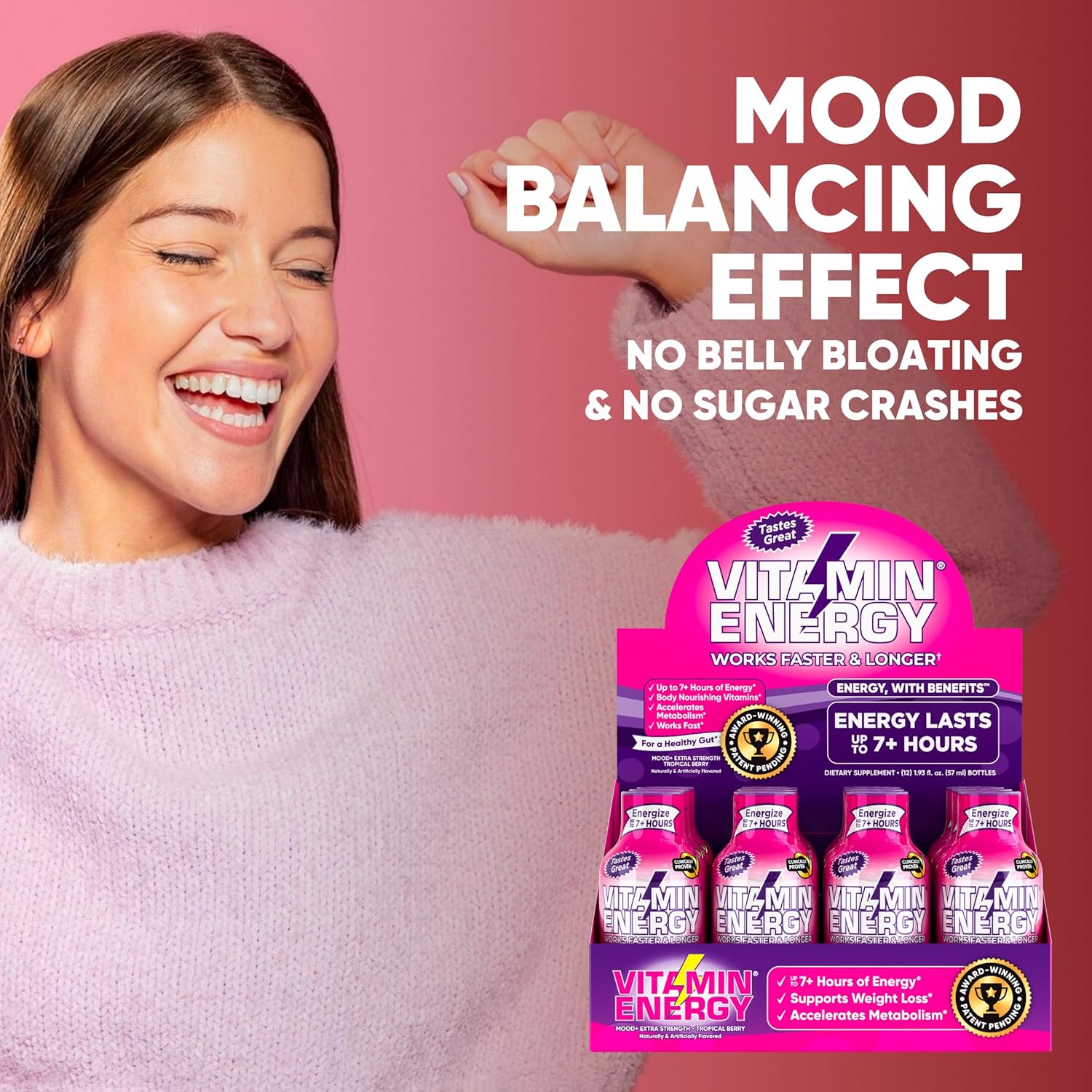 Sugar-Free Keto/Vegan Energy Shots with Rhodiola and Chamomile for 7+ Hours of Balanced Mood and Energy - Tropical Berry Flavor - 1.93 Fl Oz (Pack of 12)