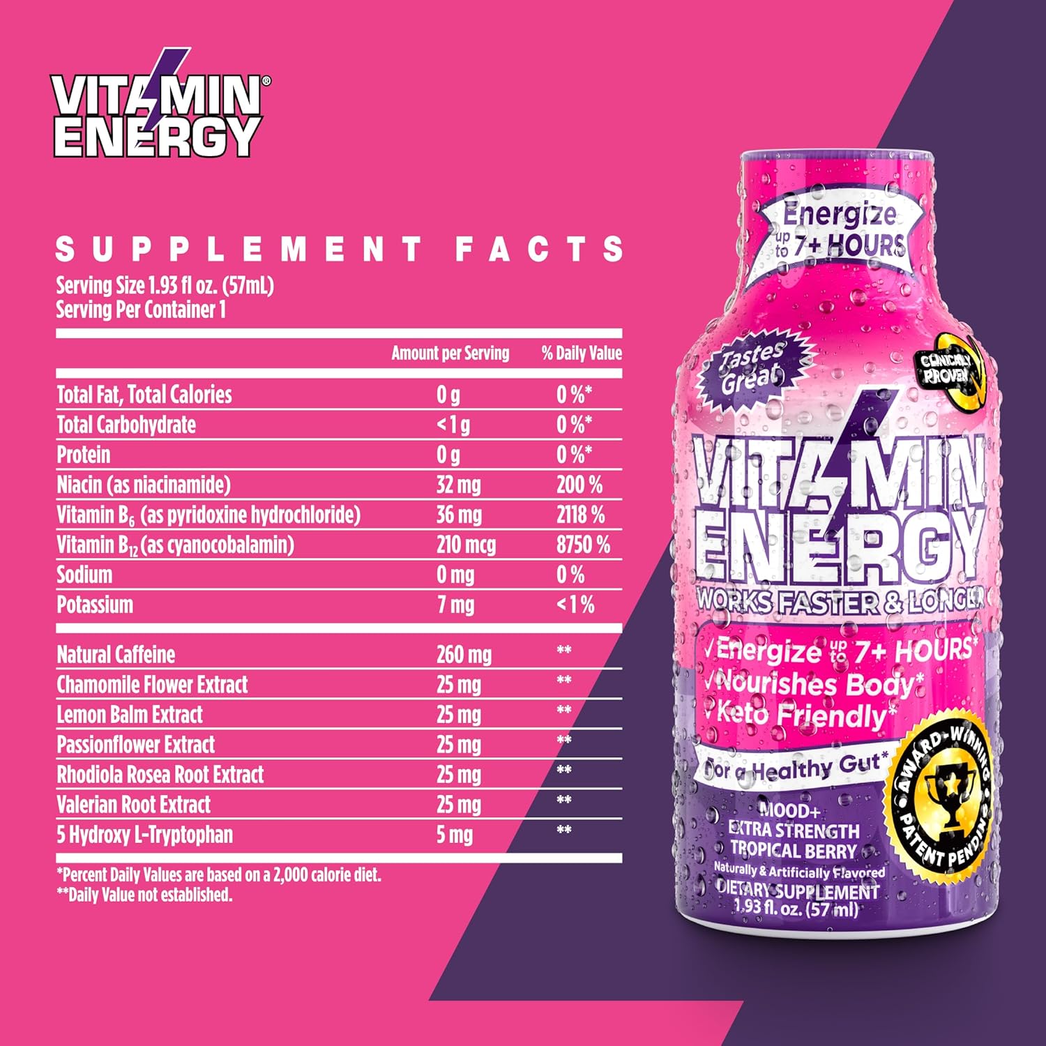 Sugar-Free Keto/Vegan Energy Shots with Rhodiola and Chamomile for 7+ Hours of Balanced Mood and Energy - Tropical Berry Flavor - 1.93 Fl Oz (Pack of 12)