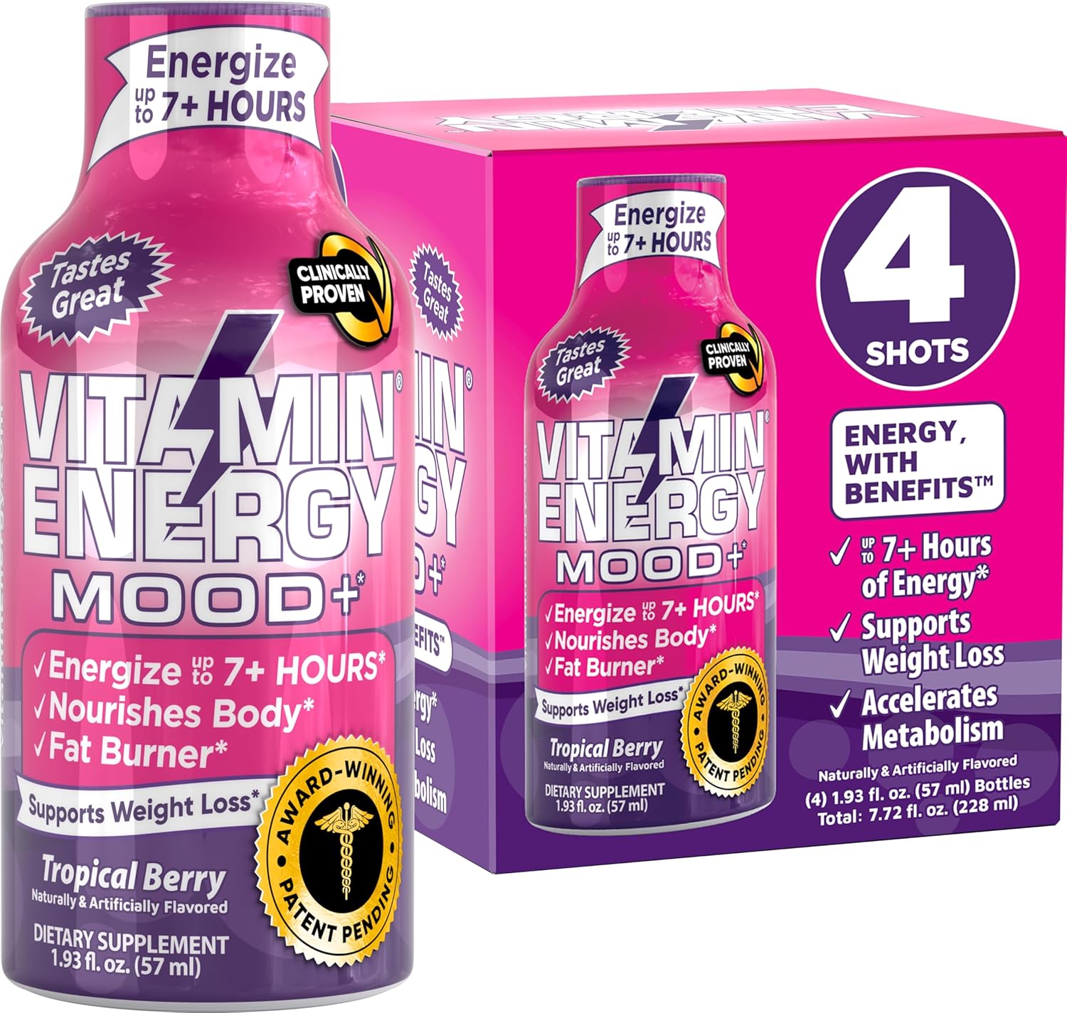 Sugar-Free Keto/Vegan Mood Support Energy Drink Shots with Rhodiola & Chamomile - 7+ Hour Energy Boost - Tropical Berry 1.93oz (Pack of 4)