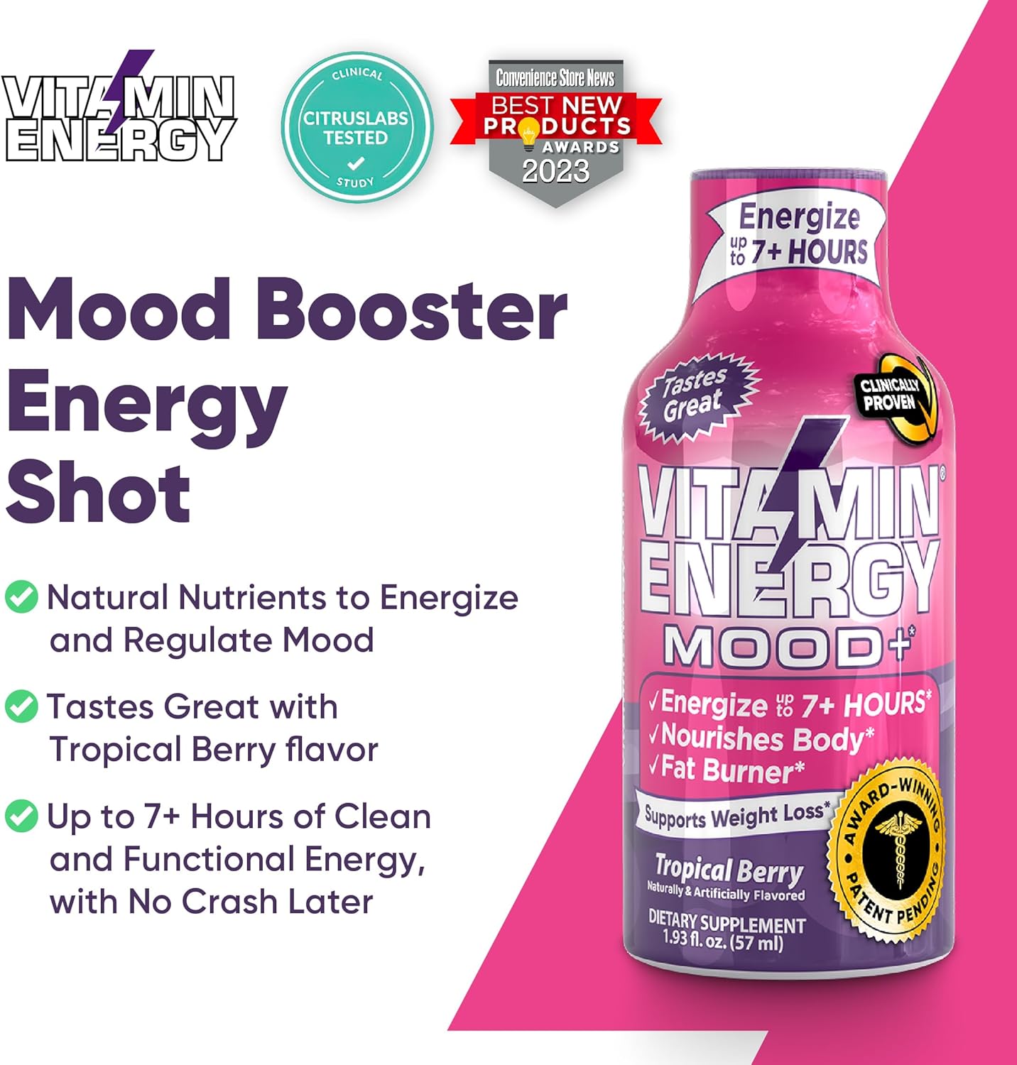 Sugar-Free Keto/Vegan Mood Support Energy Drink Shots with Rhodiola & Chamomile - 7+ Hour Energy Boost - Tropical Berry 1.93oz (Pack of 4)