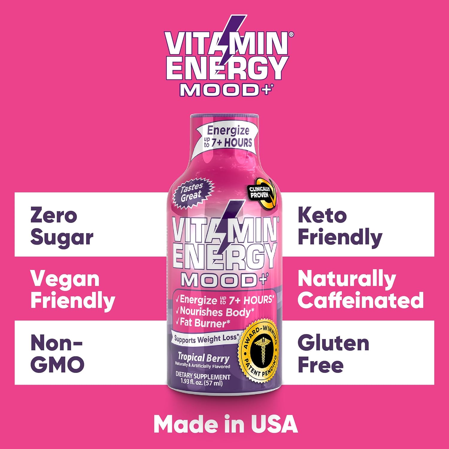 Sugar-Free Keto/Vegan Mood Support Energy Drink Shots with Rhodiola & Chamomile - 7+ Hour Energy Boost - Tropical Berry 1.93oz (Pack of 4)