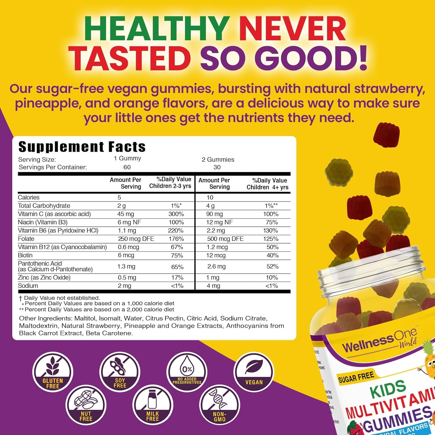 Sugar-Free Kids Multivitamin Gummies with Vitamin C, B6, B12 & Folic Acid - Immune Support Supplement - Natural Fruit Flavors - 60 Gummies