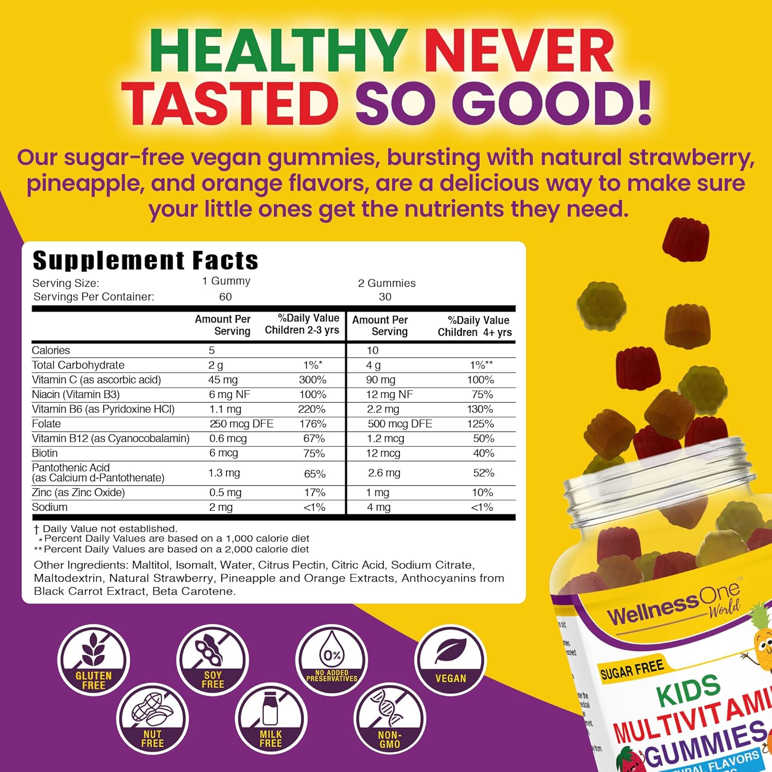 Sugar-Free Kids Multivitamin Gummies with Vitamin C, B6, B12 & Folic Acid - Immune Support Supplement - Natural Fruit Flavors - 60 Gummies