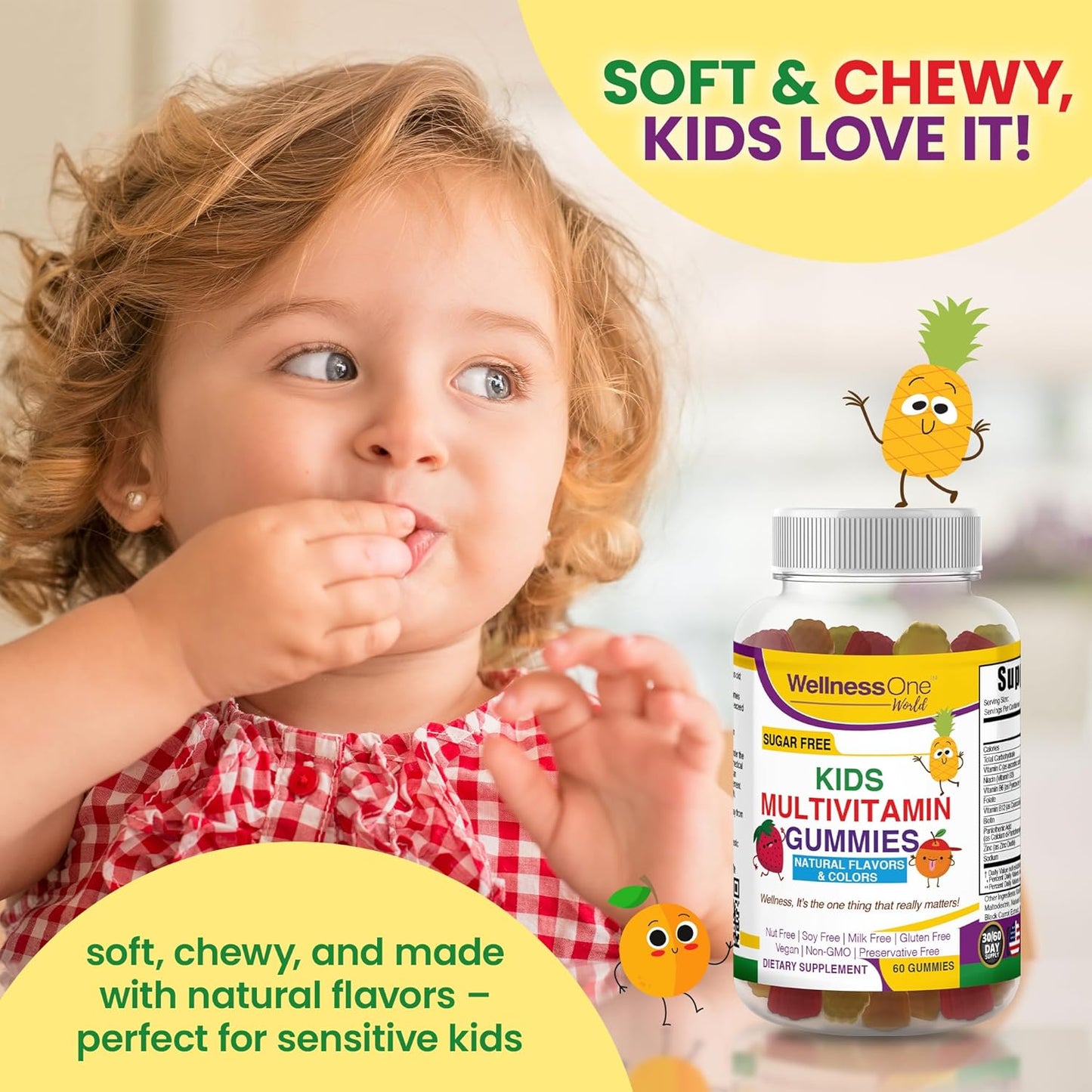 Sugar-Free Kids Multivitamin Gummies with Vitamin C, B6, B12 & Folic Acid - Immune Support Supplement - Natural Fruit Flavors - 60 Gummies