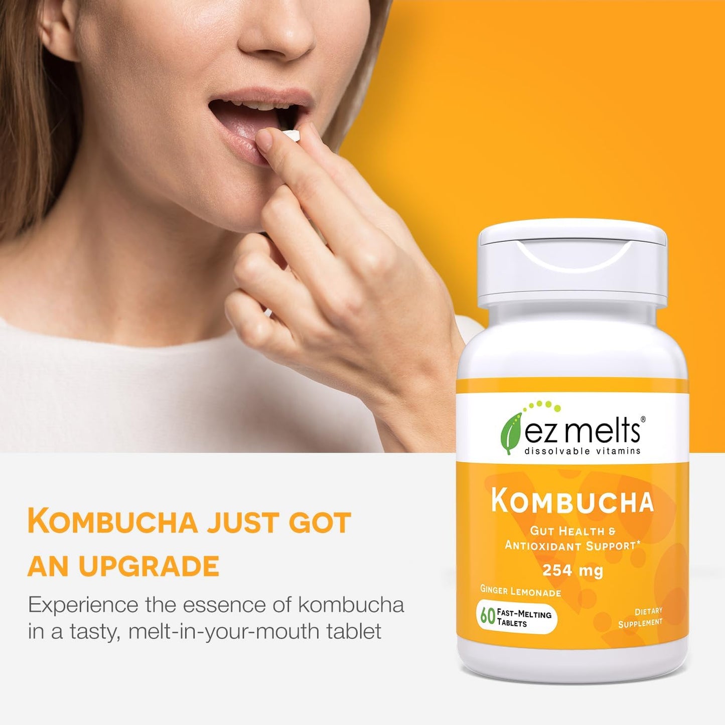 Sugar-Free Kombucha Tablets with SCOBY and Apple Cider Vinegar for Gut Health - Ginger Lemonade Flavor, 2-Month Supply