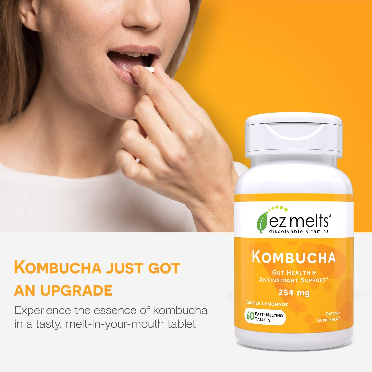 Sugar-Free Kombucha Tablets with SCOBY and Apple Cider Vinegar for Gut Health - Ginger Lemonade Flavor, 2-Month Supply