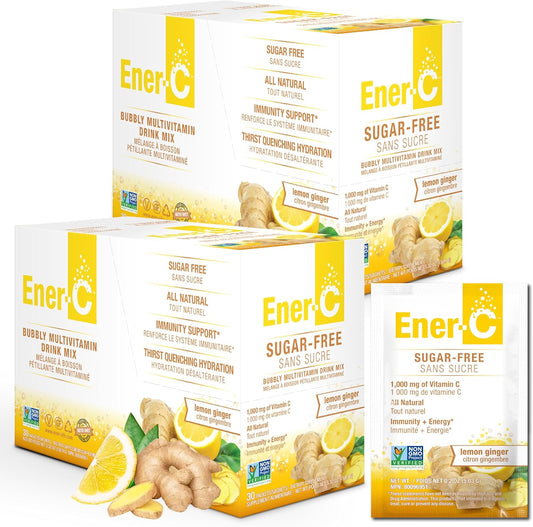 Sugar-Free Lemon Ginger Ener-C Drink Mix with 1000mg Vitamin C & Electrolytes - Immunity Support - 60 Count