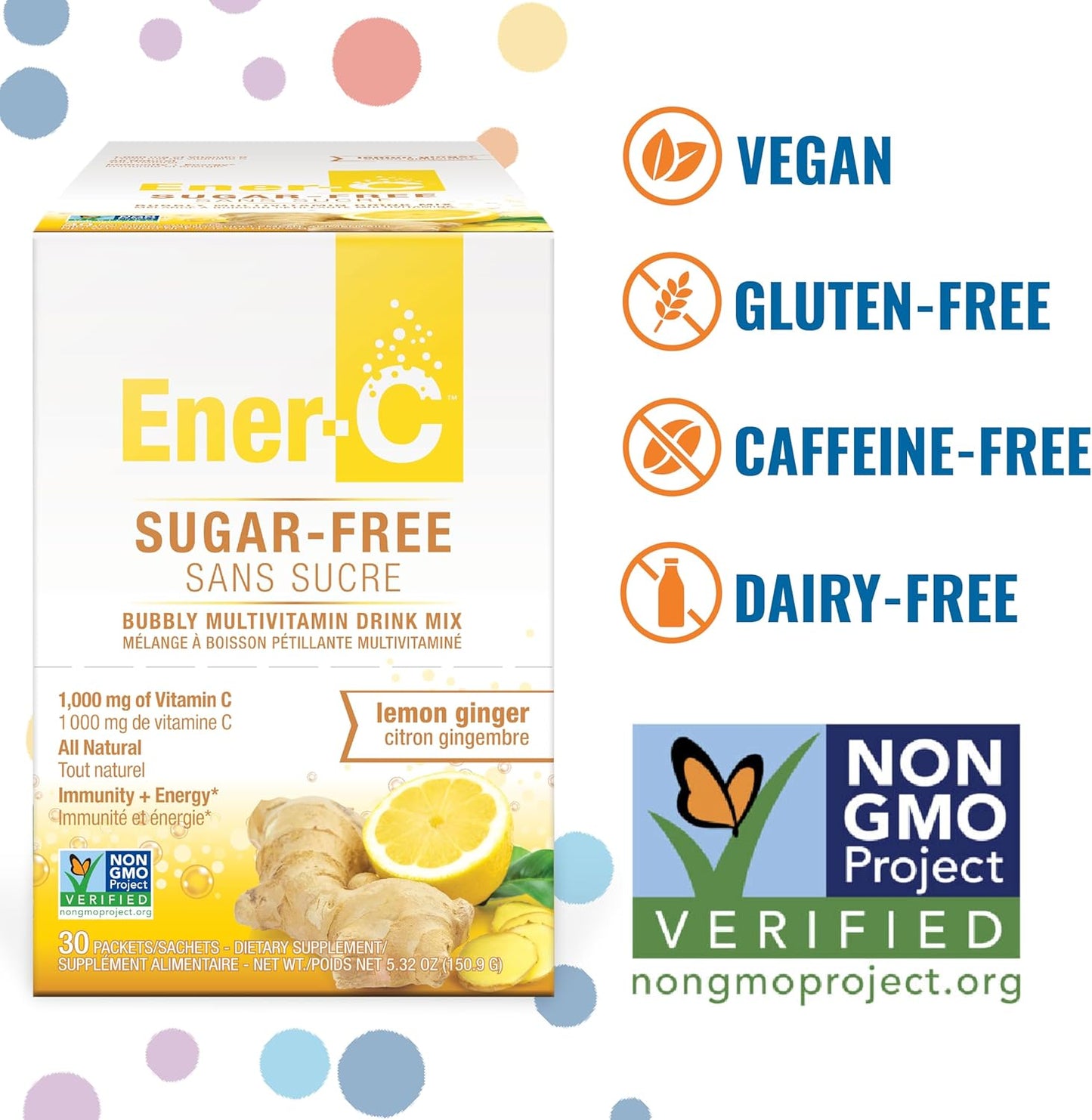 Sugar-Free Lemon Ginger Ener-C Drink Mix with 1000mg Vitamin C & Electrolytes - Immunity Support - 60 Count