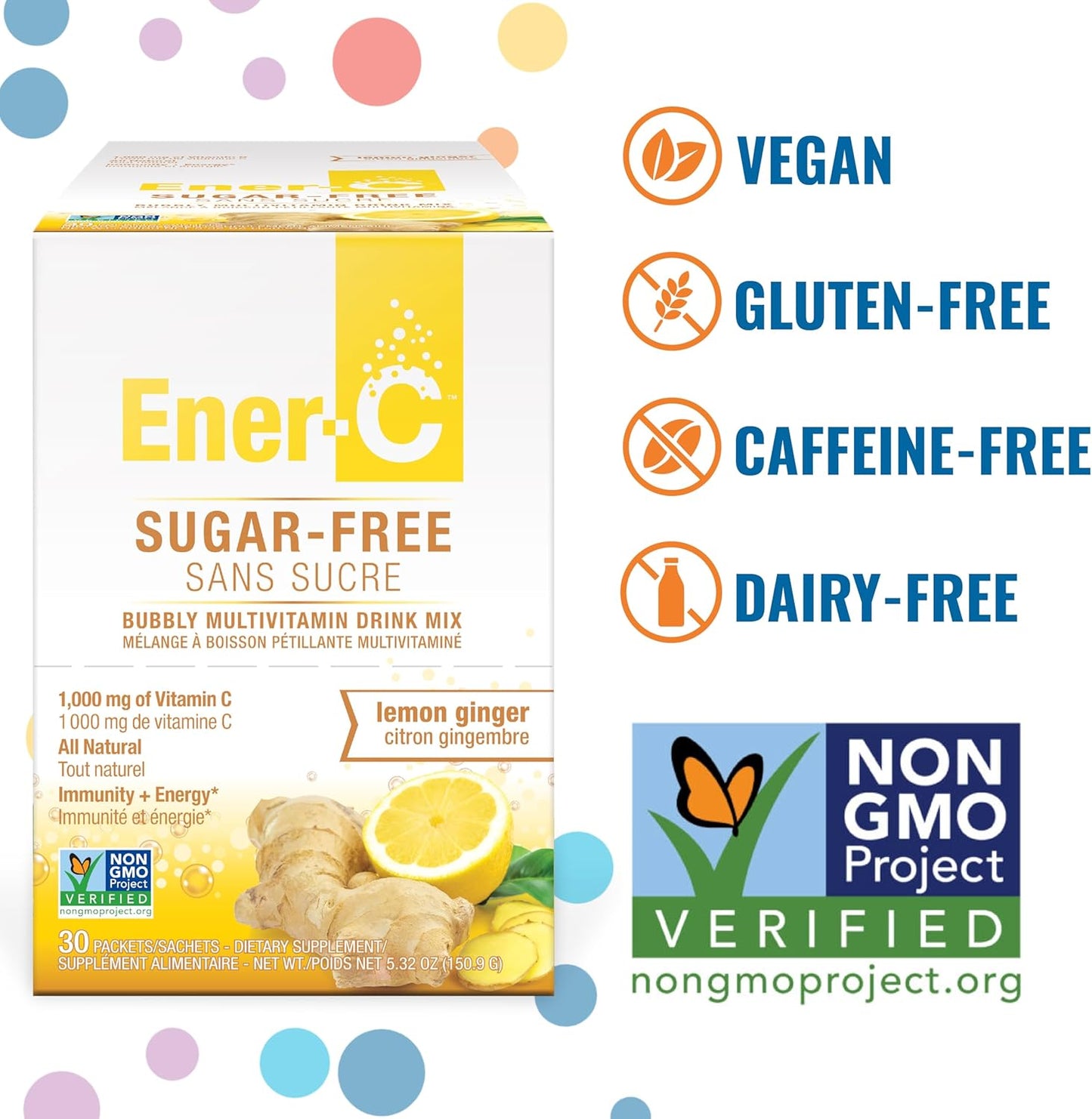 Sugar-Free Lemon Ginger Ener-C Multivitamin Drink Mix - 1000mg Vitamin C - Non-GMO, Vegan, Gluten-Free - Immunity Support & Electrolytes - 30 Pack