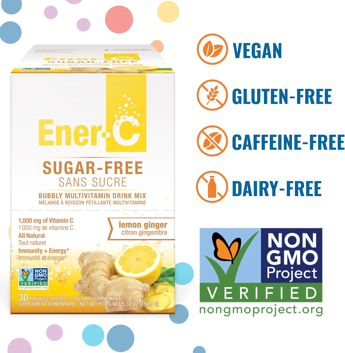 Sugar-Free Lemon Ginger Ener-C Multivitamin Drink Mix - 1000mg Vitamin C - Non-GMO, Vegan, Gluten-Free - Immunity Support & Electrolytes - 30 Pack