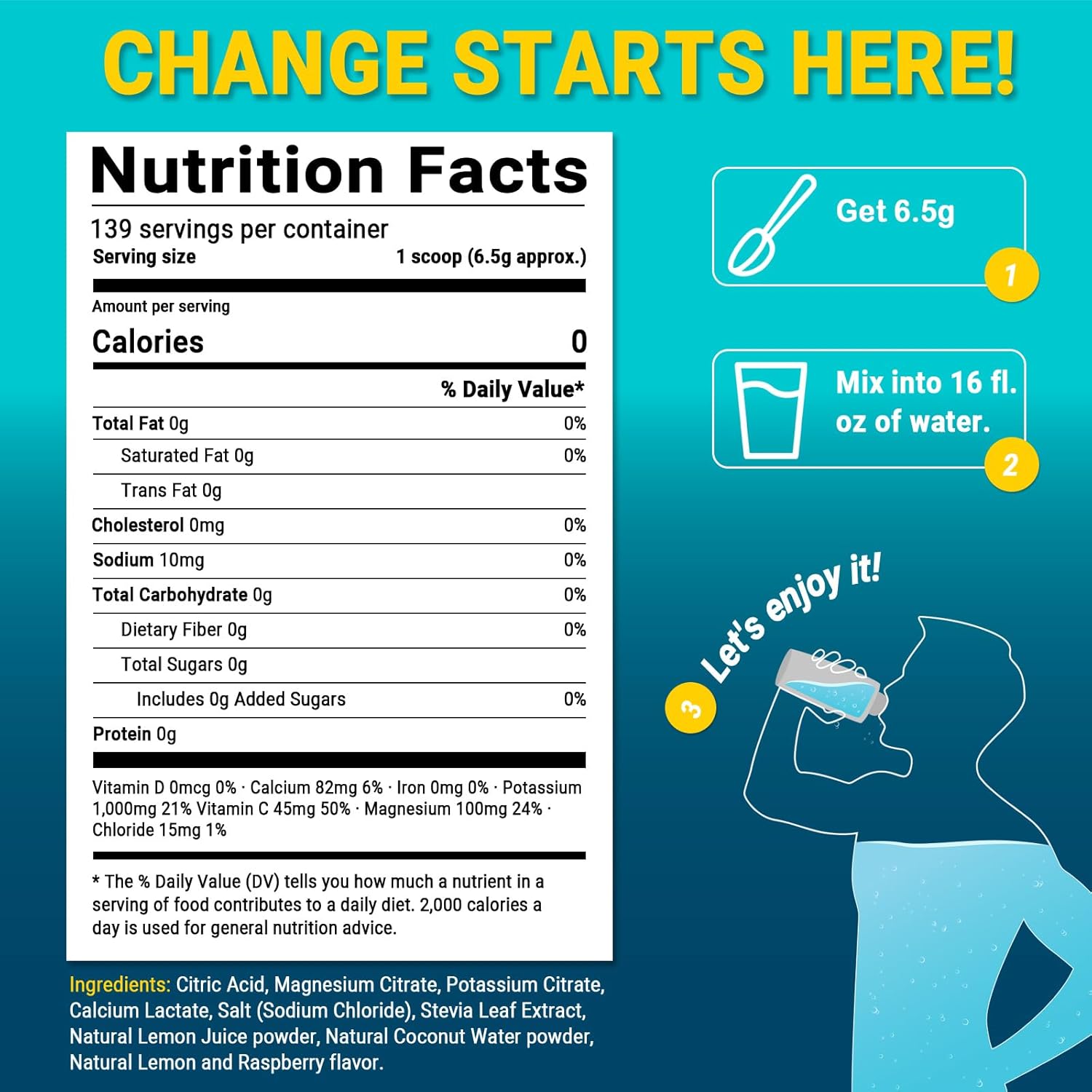 Sugar-Free Lemon Raspberry Electrolyte Powder Mix with 1000mg Potassium - Hydration Drink for Dehydration Relief, 32 Servings