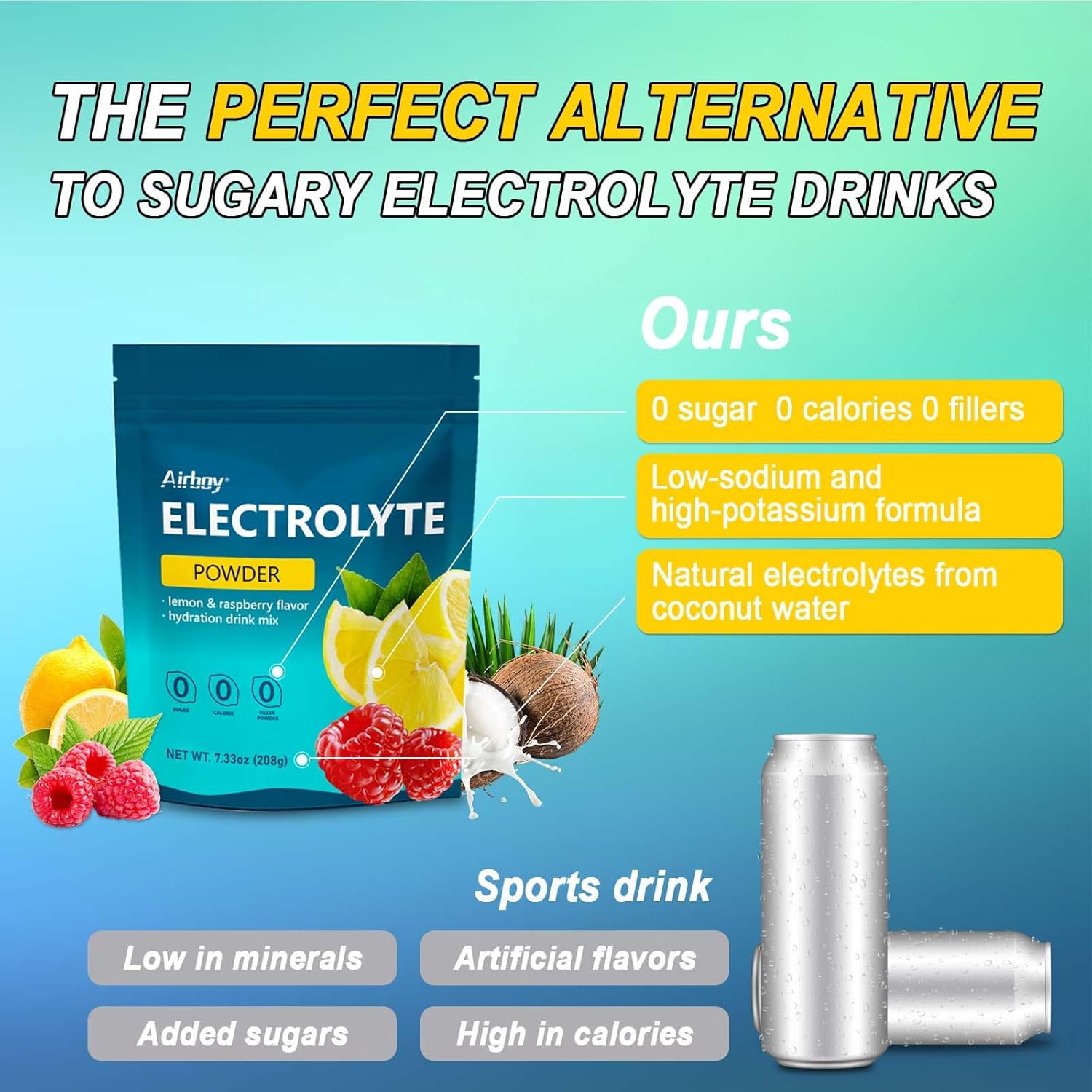 Sugar-Free Lemon Raspberry Electrolyte Powder Mix with 1000mg Potassium - Hydration Drink for Dehydration Relief, 32 Servings