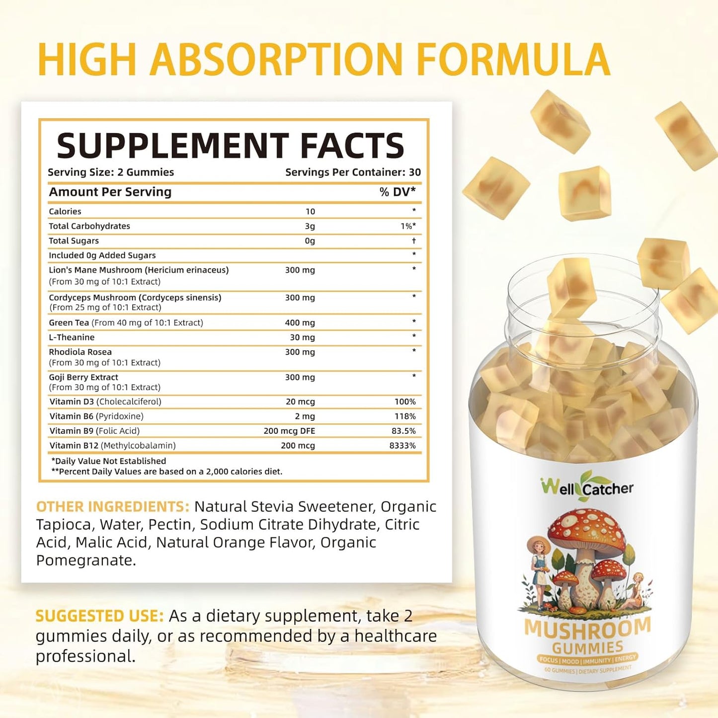 Sugar-Free Lion's Mane Mushroom Gummies - Organic Mushroom Complex Supplement for Focus & Energy with Cordyceps & Green Tea - 60ct Vegan Gummies for Adults & Kids