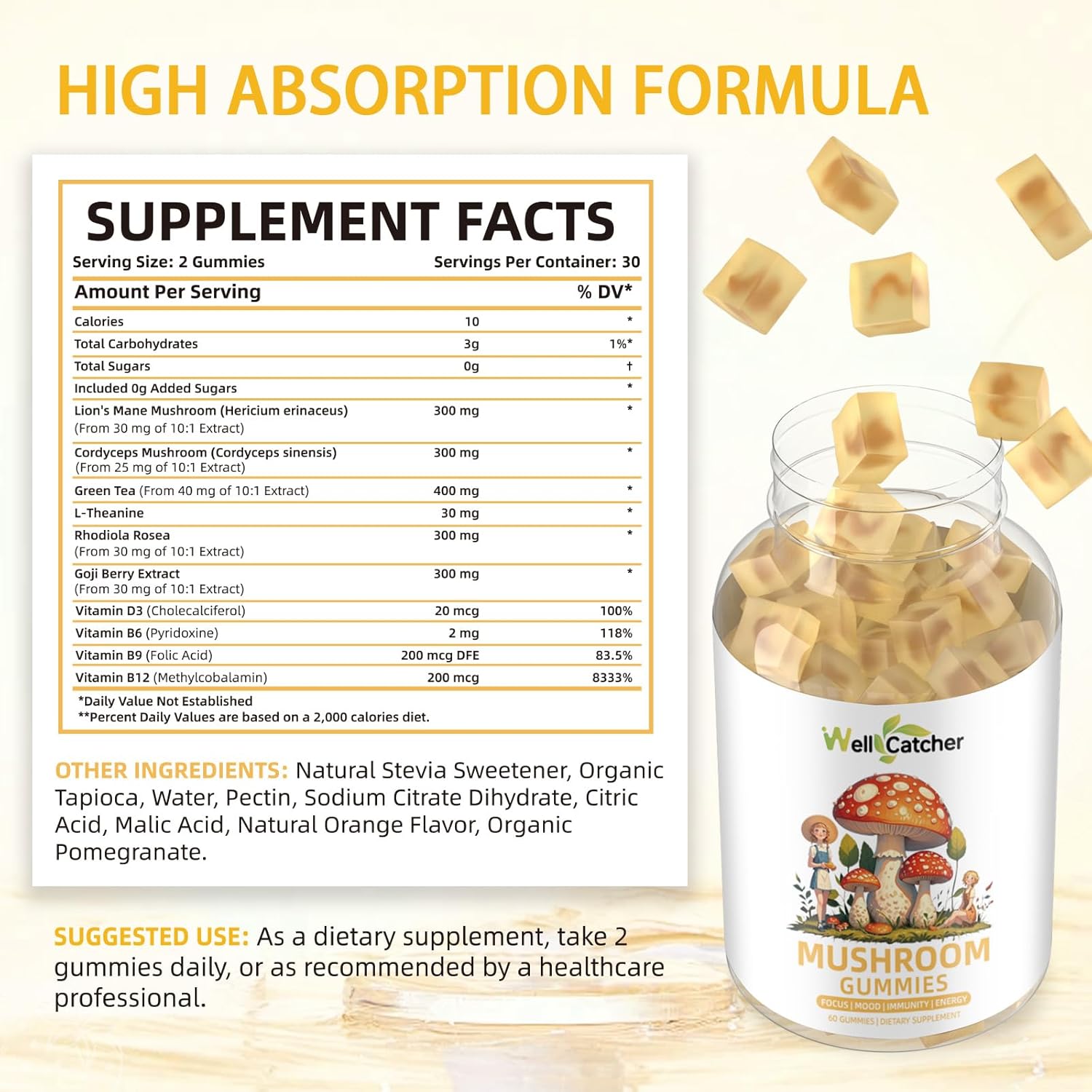 Sugar-Free Lion's Mane Mushroom Gummies - Organic Mushroom Complex Supplement for Focus & Energy with Cordyceps & Green Tea - 60ct Vegan Gummies for Adults & Kids