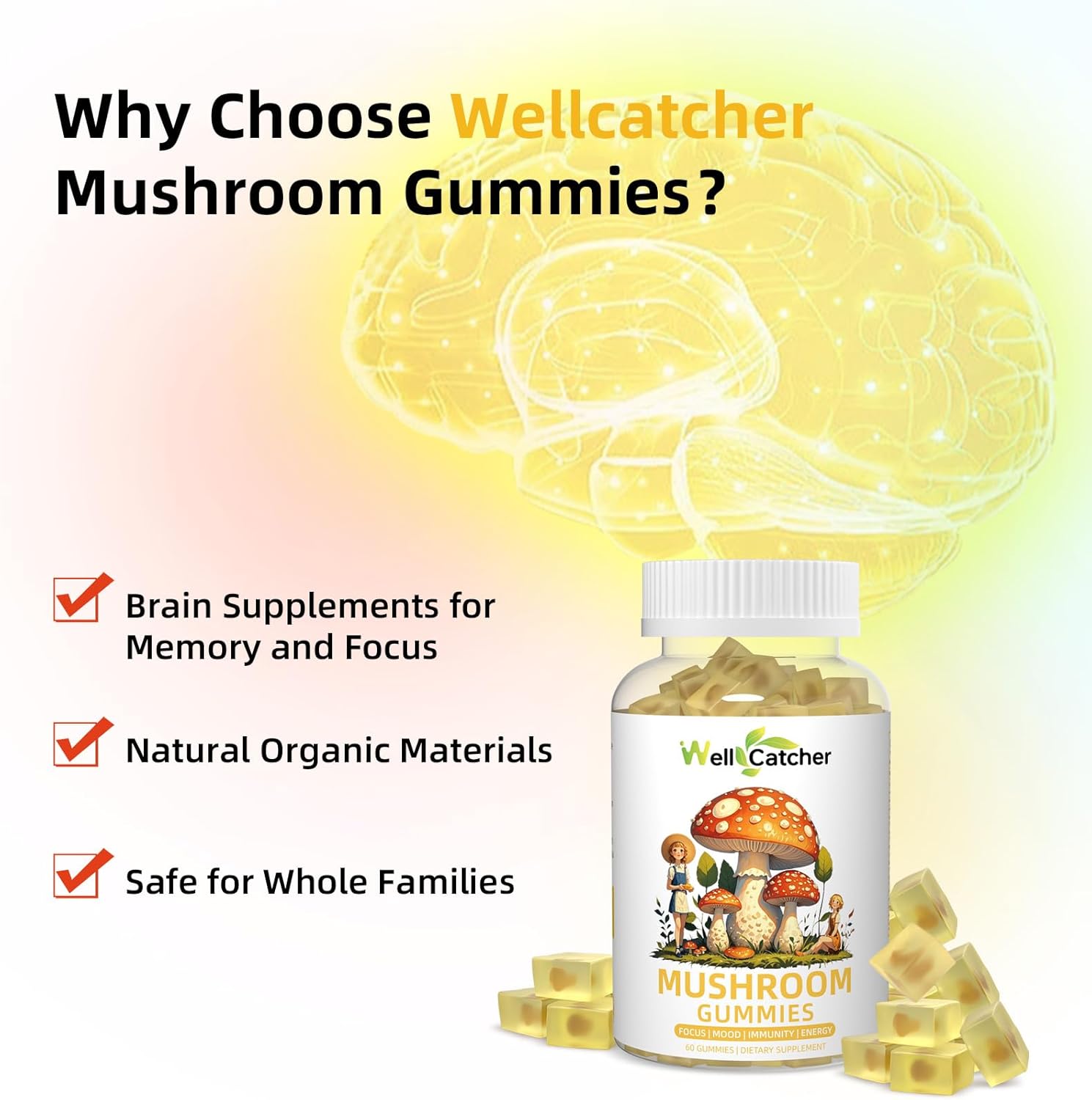 Sugar-Free Lion's Mane Mushroom Gummies - Organic Mushroom Complex Supplement for Focus & Energy with Cordyceps & Green Tea - 60ct Vegan Gummies for Adults & Kids