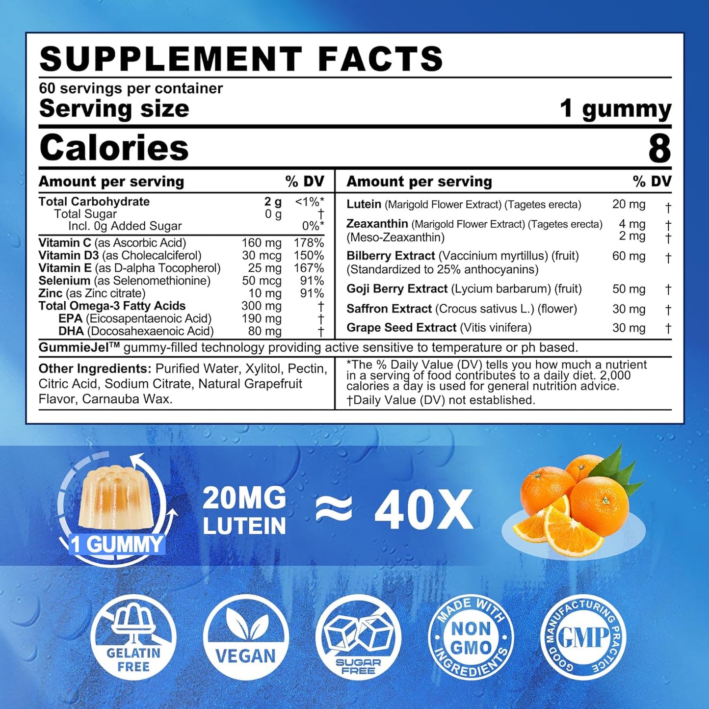 Sugar Free Lutein and Zeaxanthin Gummies with Ashwagandha and Vegan Omega 3 for Adults