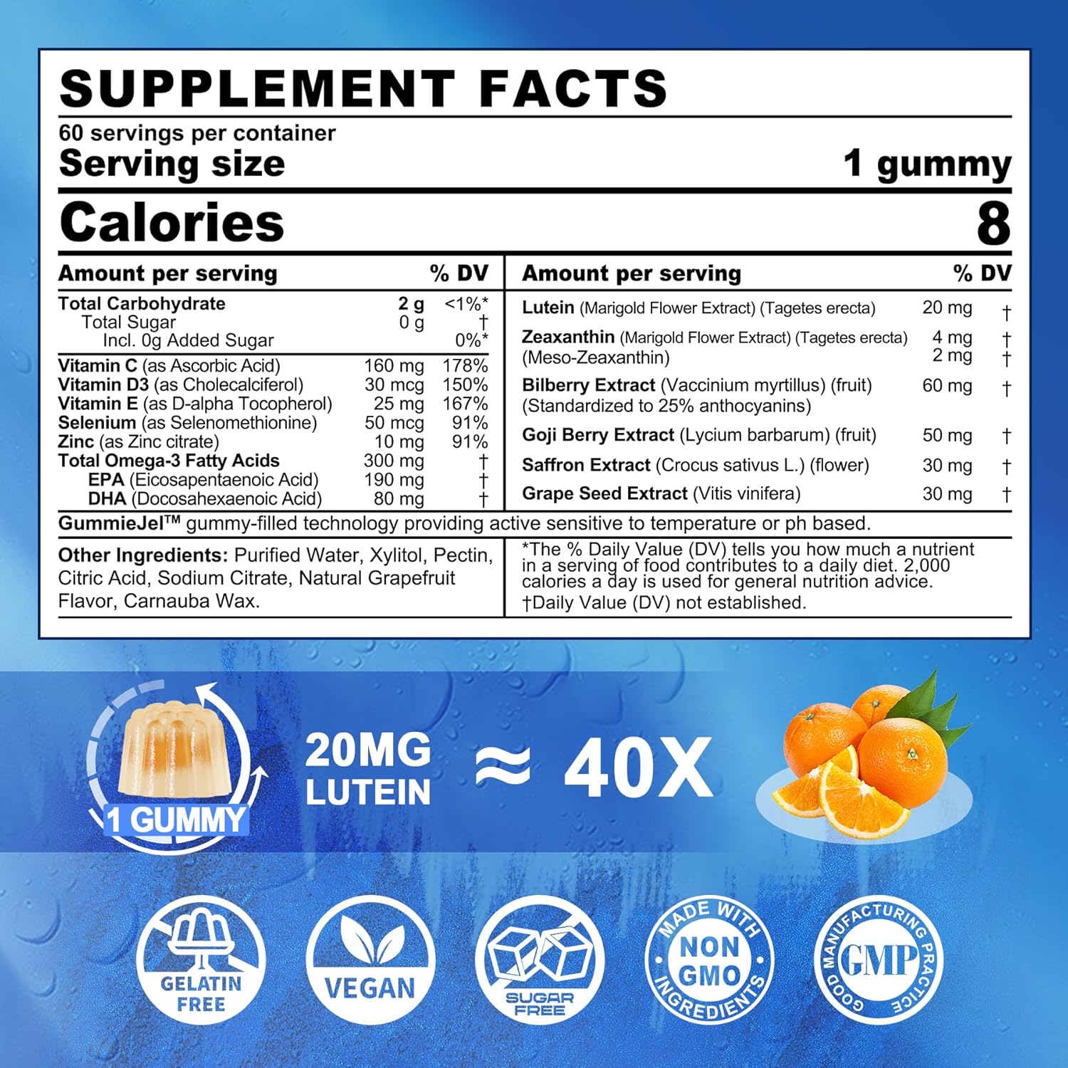 Sugar Free Lutein and Zeaxanthin Gummies with Ashwagandha and Vegan Omega 3 for Adults