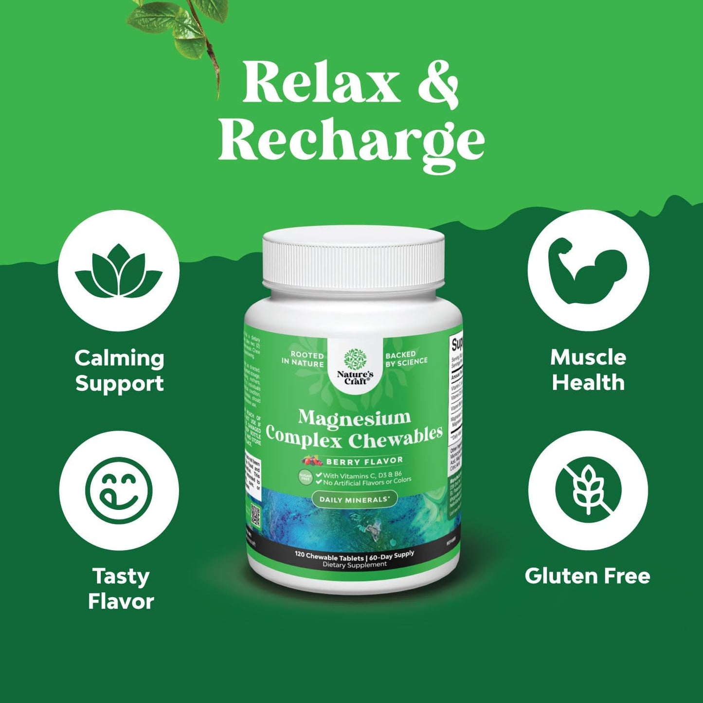Sugar-Free Magnesium Glycinate Chewables with Vitamins D3, B6, & C - Vegetarian Formula for Adults & Kids - Non-GMO & No Artificial Flavors - 60 Day Supply